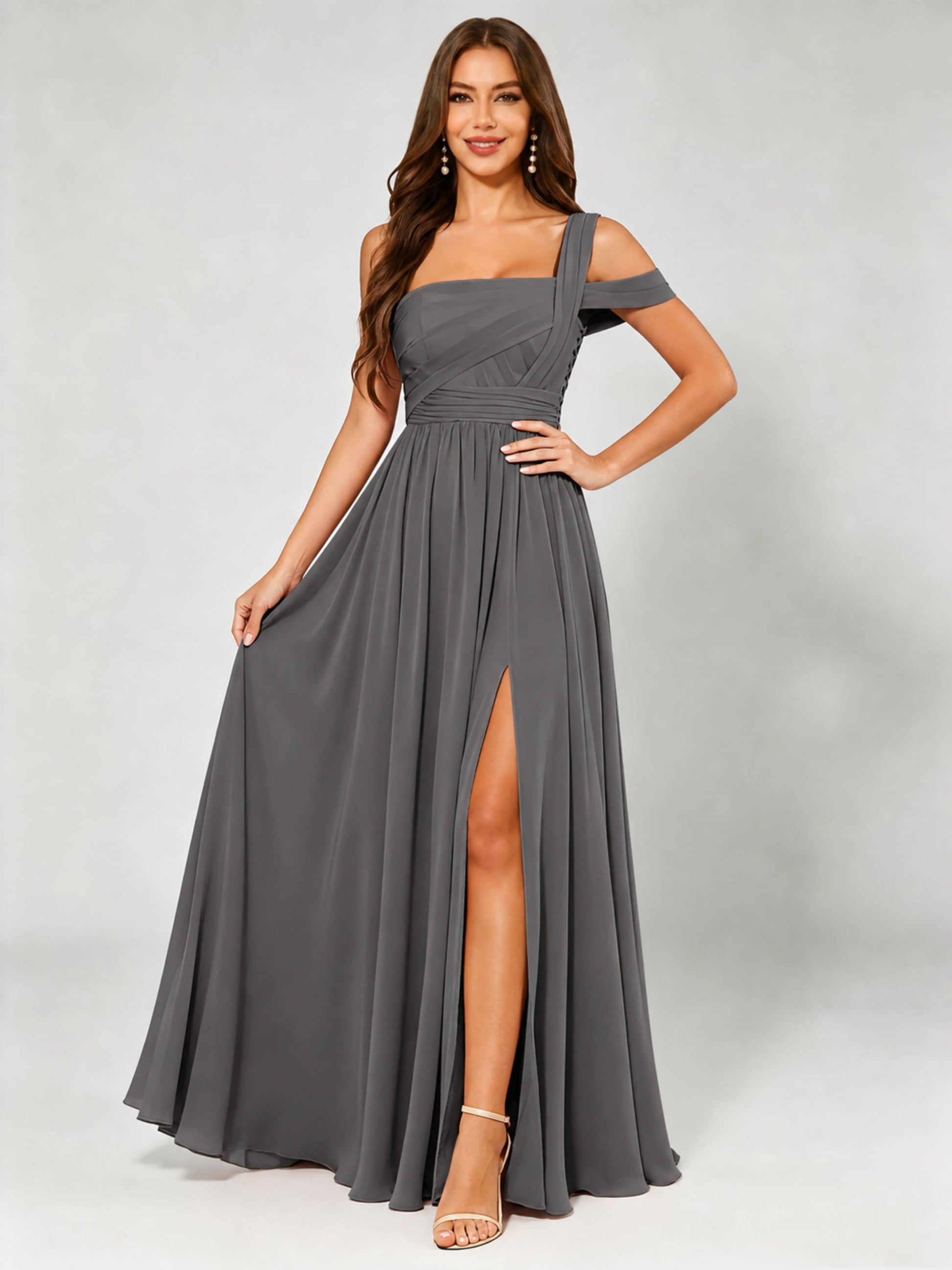 One Shoulder Chiffon Pleated Bridesmaid Dresses for Wedding