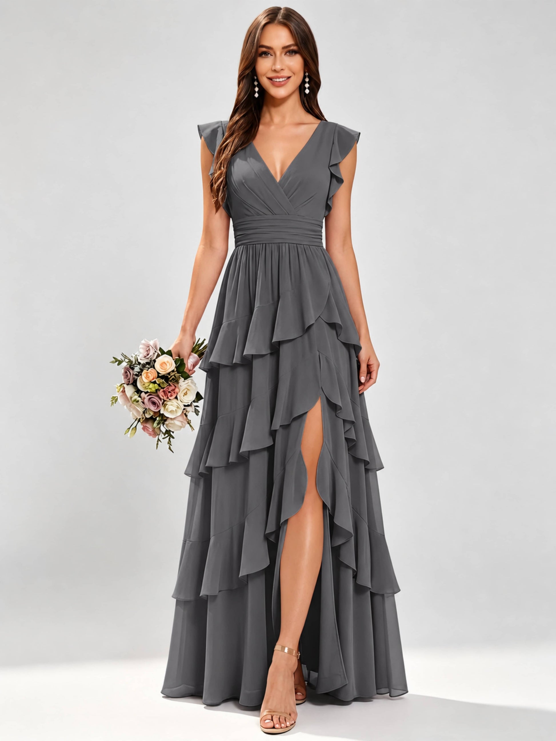 Ruffle Sleeve Tiered Chiffon Bridesmaid Dresses for Wedding with Slit