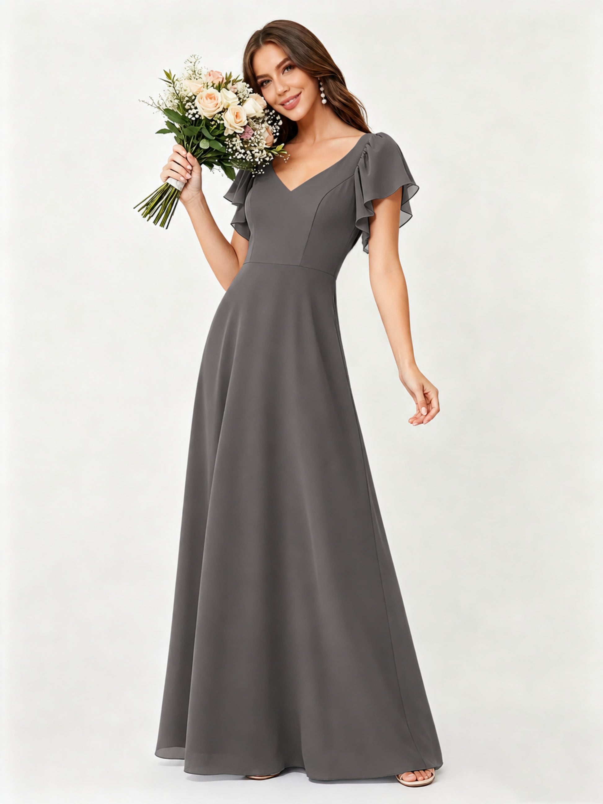 Ruffle Sleeve Chiffon Bridesmaid Dresses for Women Wedding