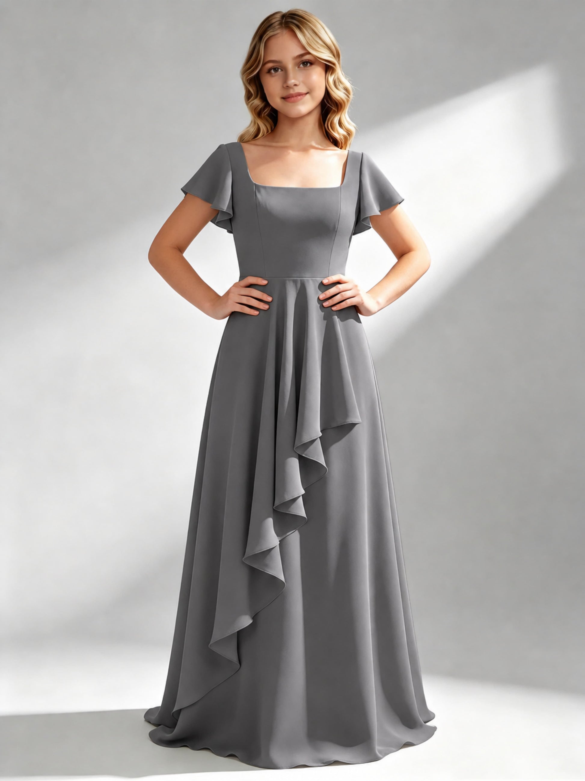 A-Line Square Neck Ruffle Junior Bridesmaid Dresses