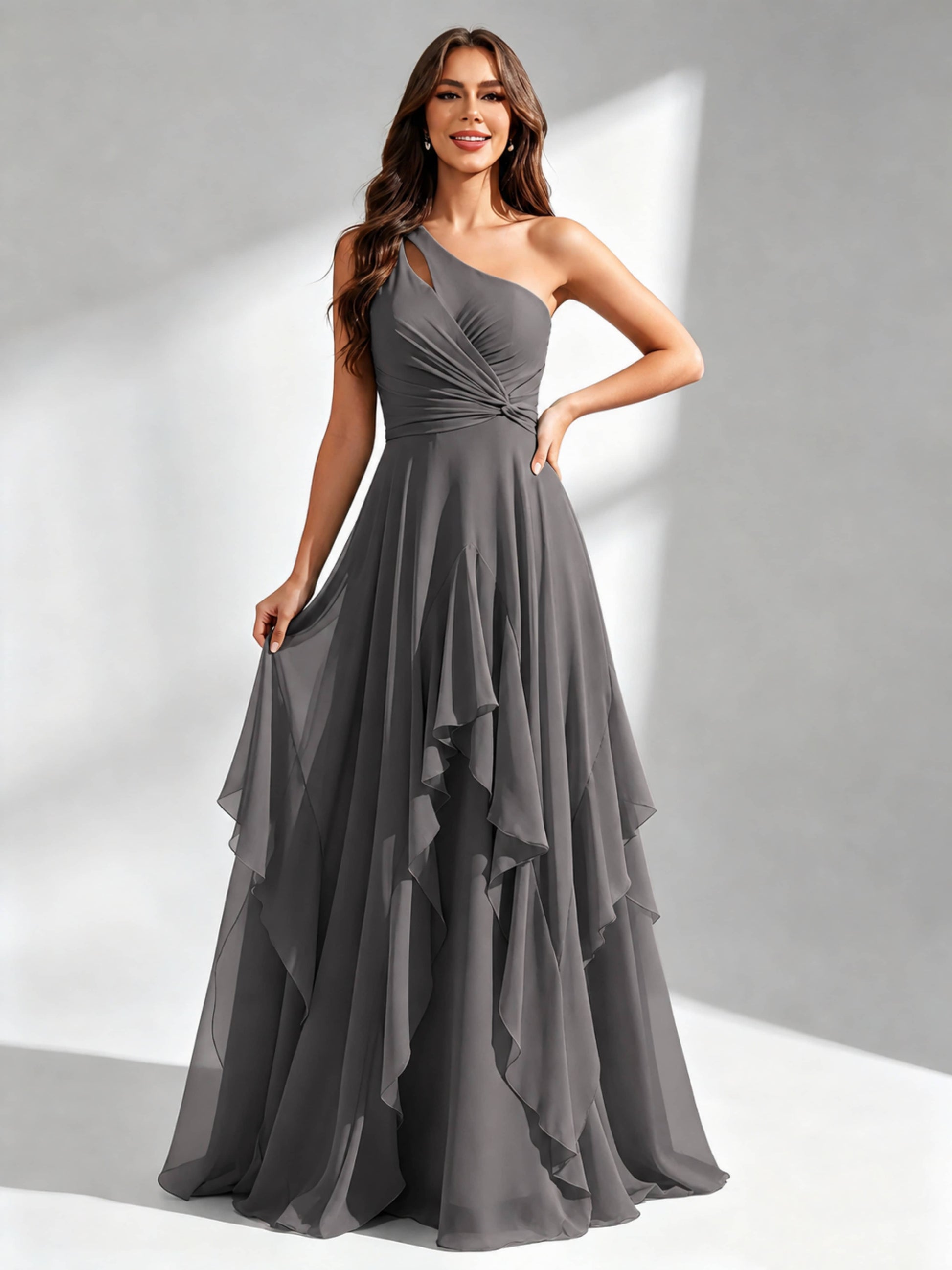 One Shoulder Ruffle Bridesmaid Dresses Formal Evening Gown