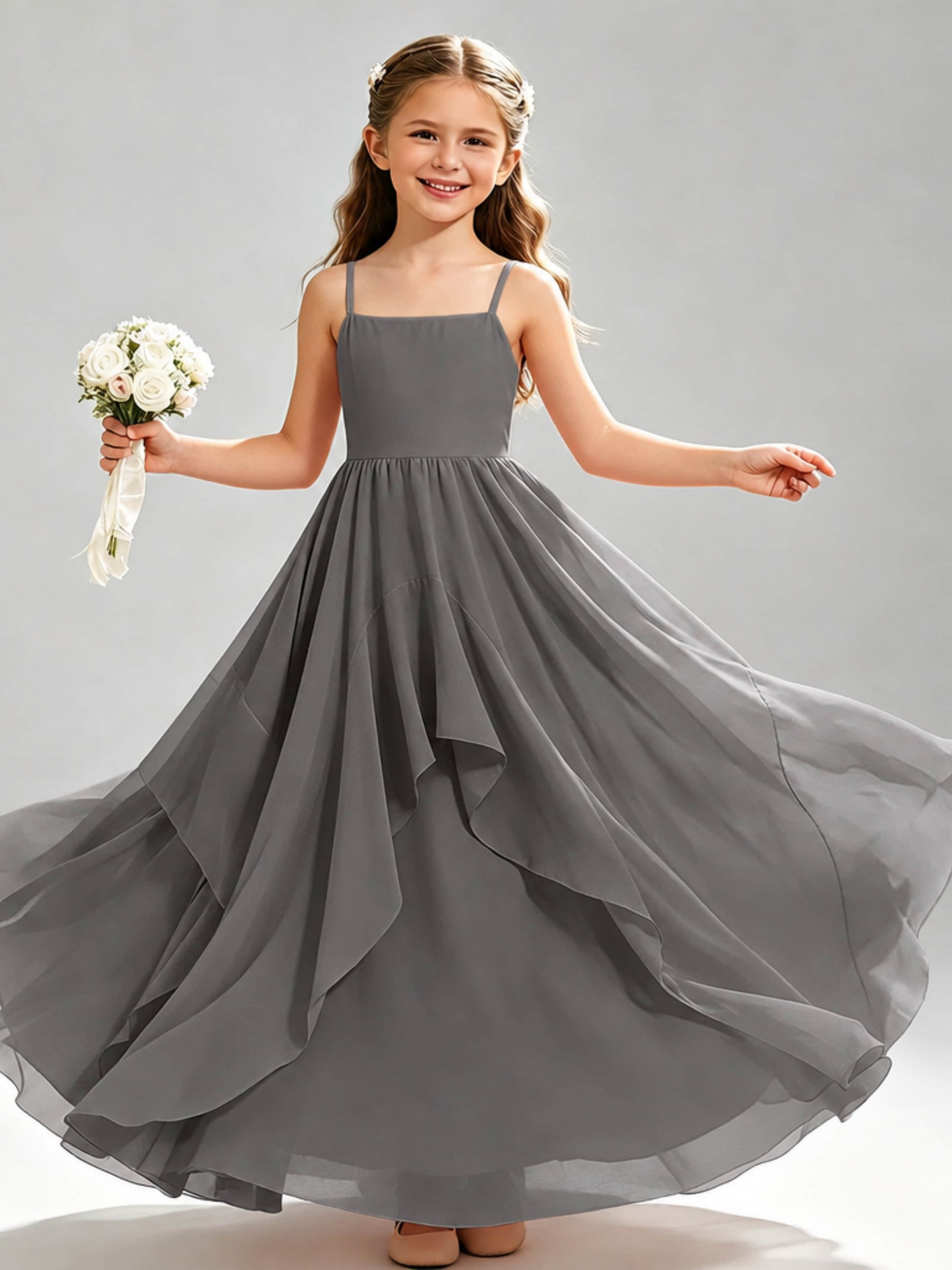 A-Line Spaghetti Straps Ruffle Junior Bridesmaid Dresses
