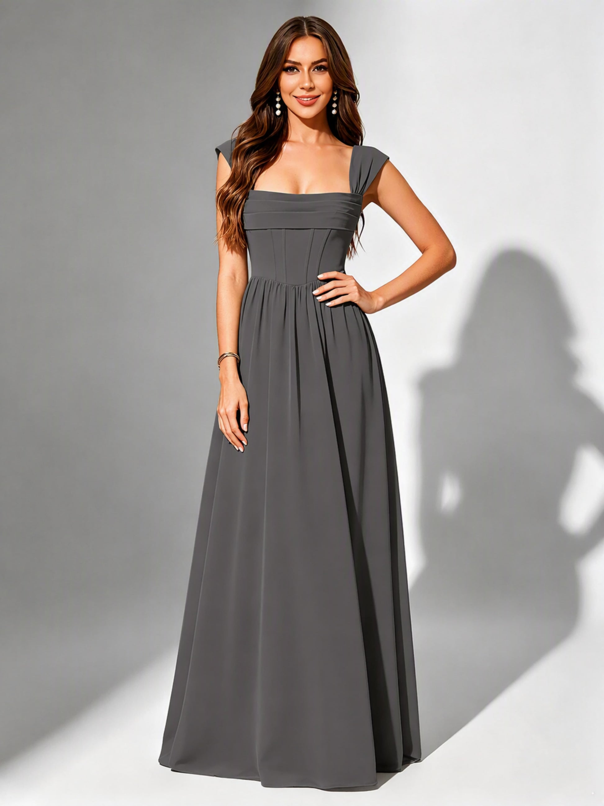 Square Neck Chiffon Bridesmaid Dress Corset Formal Gown