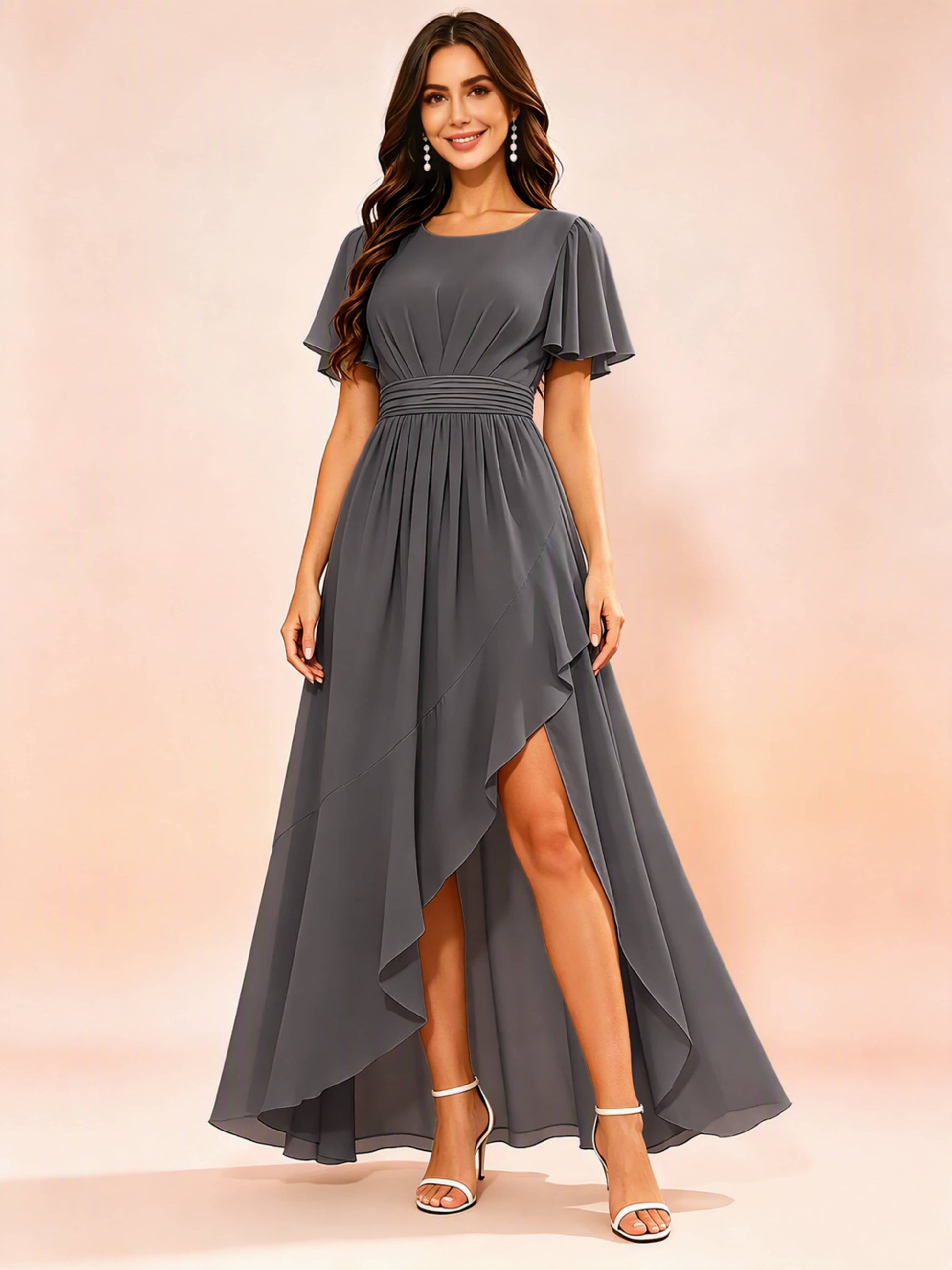 Chiffon High Low Round Neck Bridesmaid / Wedding Guest Dresses