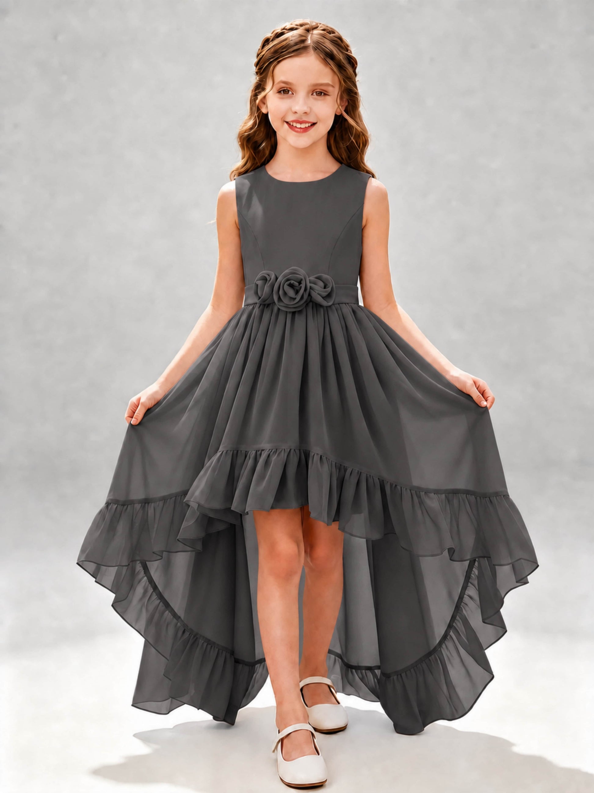 Chiffon 3D Flower High Low Junior Bridesmaid Dresses