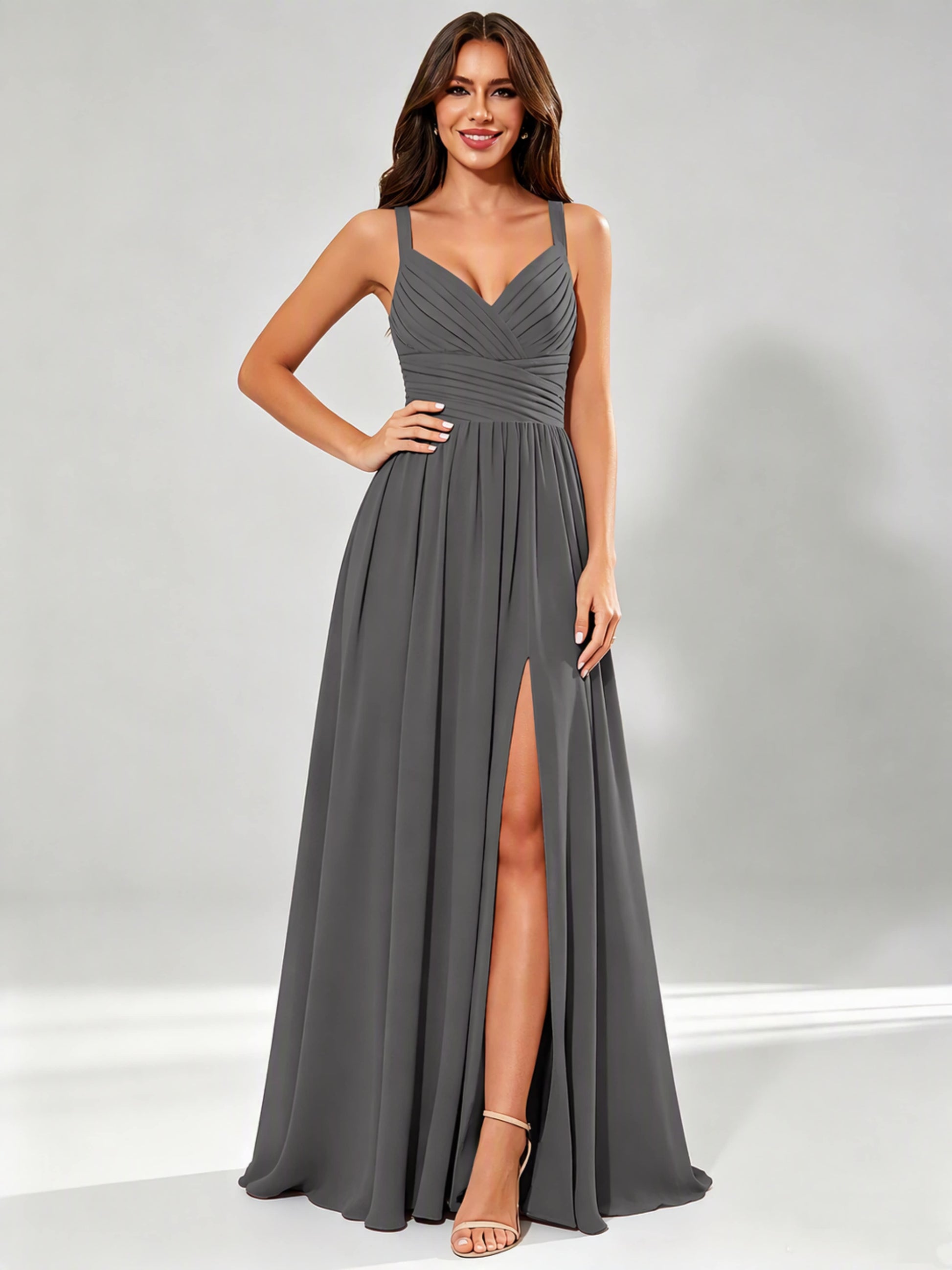 Spaghetti Straps Chiffon Ruched Bust Pleated Bridesmaid Dress for Wedding