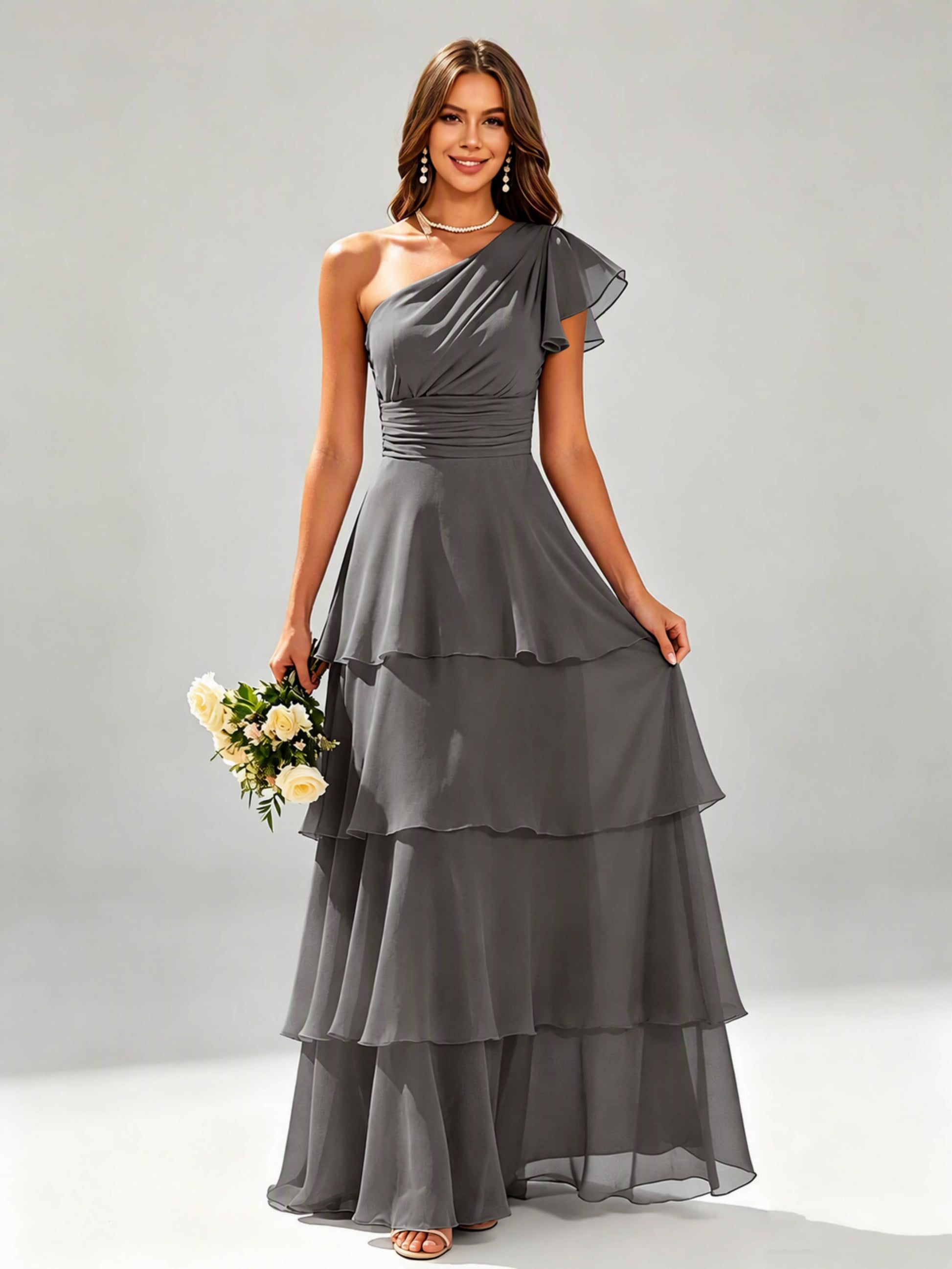 One Shoulder Ruffle Tiered Chiffon Bridesmaid Dress for Wedding