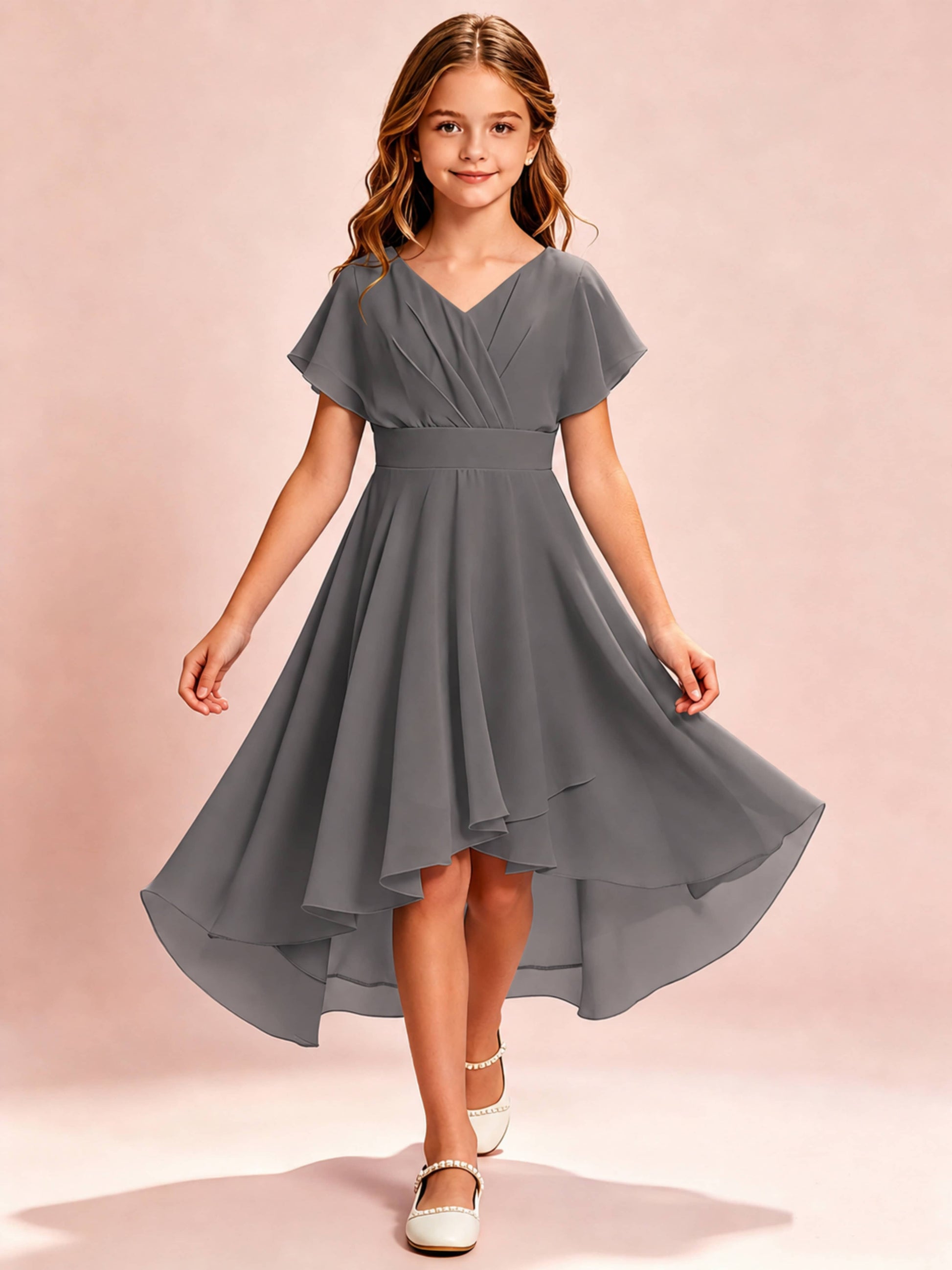 Chiffon High Low Cap Sleeve Junior Bridesmaid Dress for Wedding