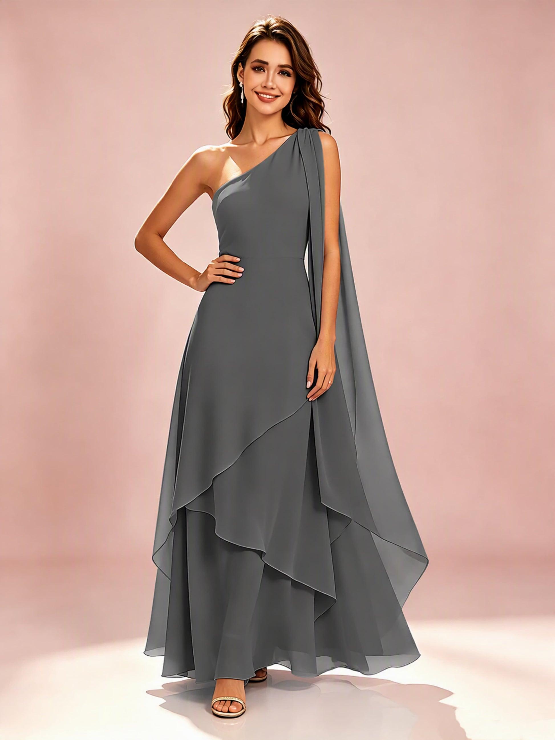 One Shoulder Chiffon Tiered Layered Bridesmaid Dresses for Wedding