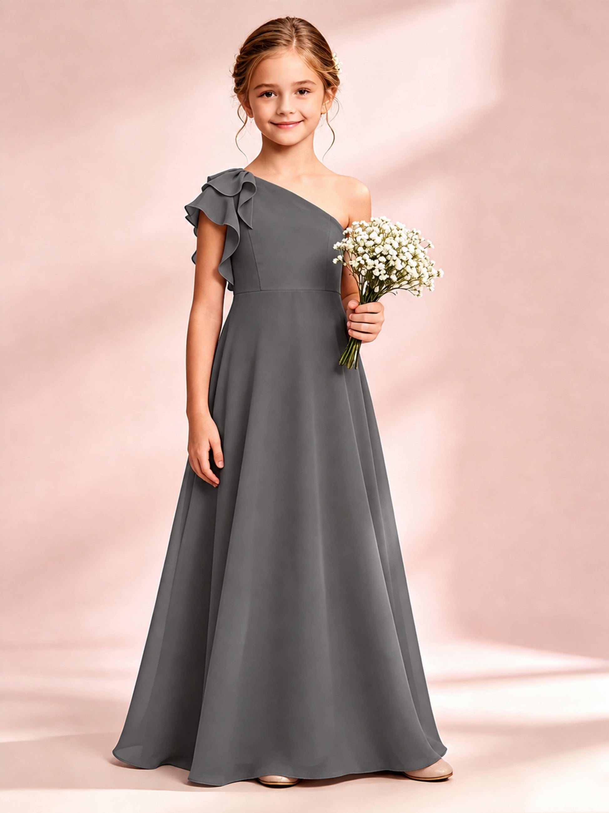Chiffon Junior Bridesmaid Dress for Wedding One Shoulder Flower Girl Dresses