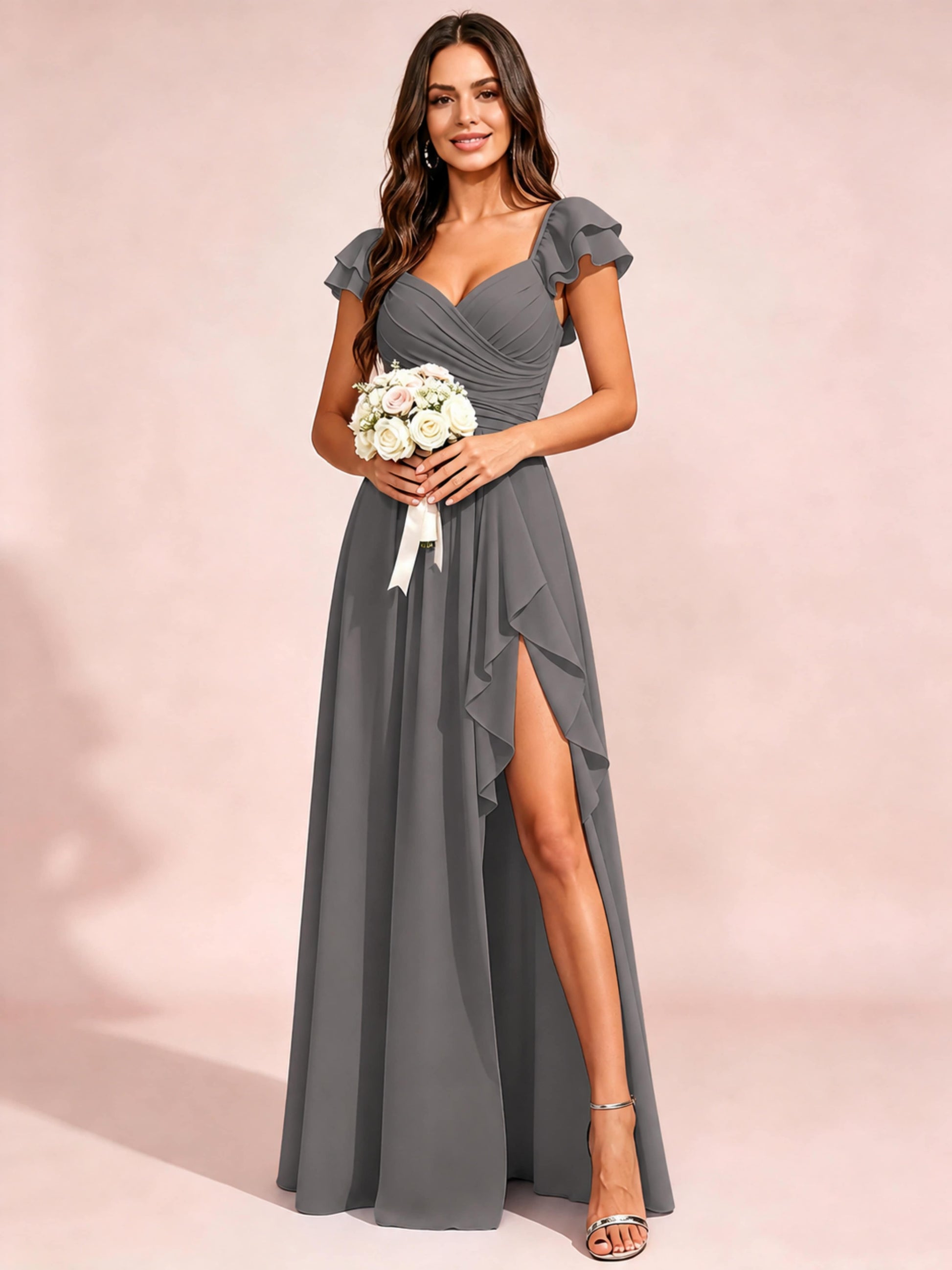 Chiffon Sweetheart Neck Ruched Bust Bridesmaid Dresses with Ruffle Slit