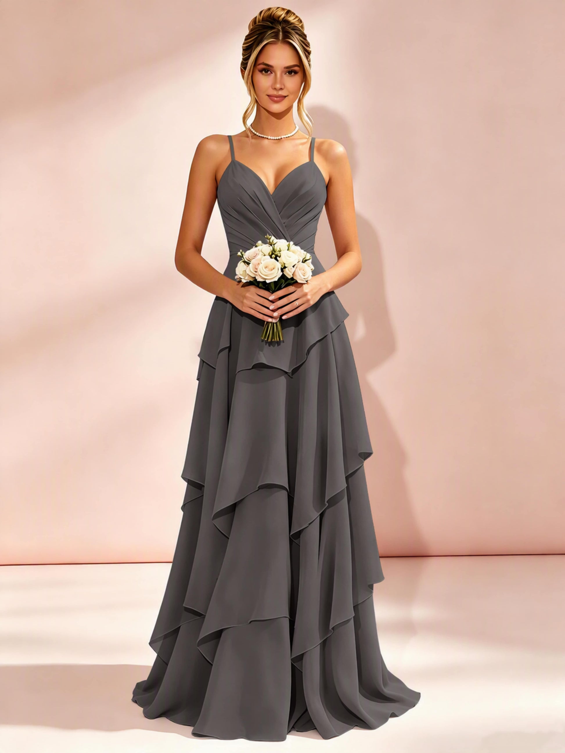Spaghetti Straps Ruffle Tiered Chiffon Bridesmaid Dress for Wedding