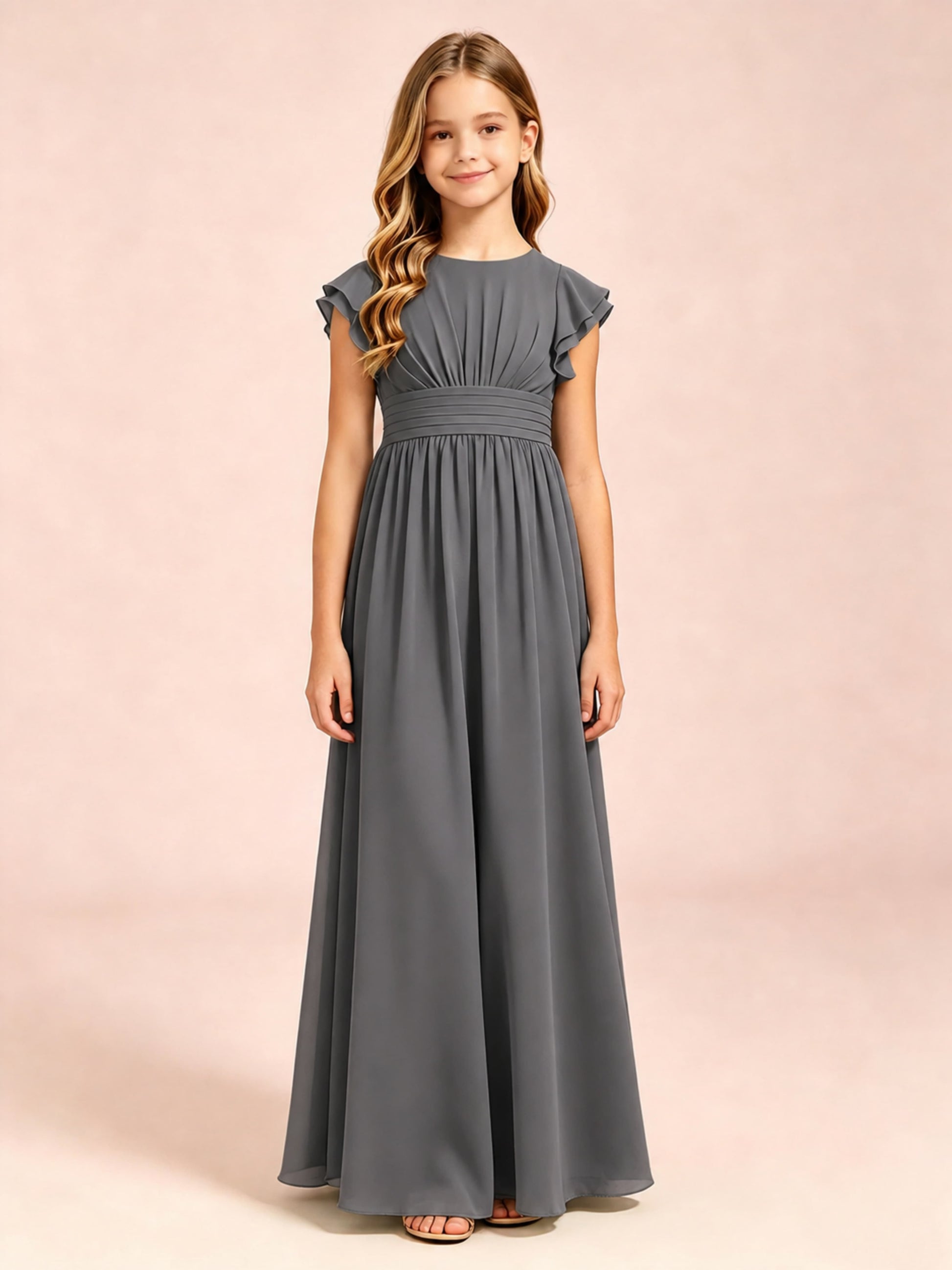 Chiffon Ruffle Cap Sleeve Junior Bridesmaid Dress for Wedding