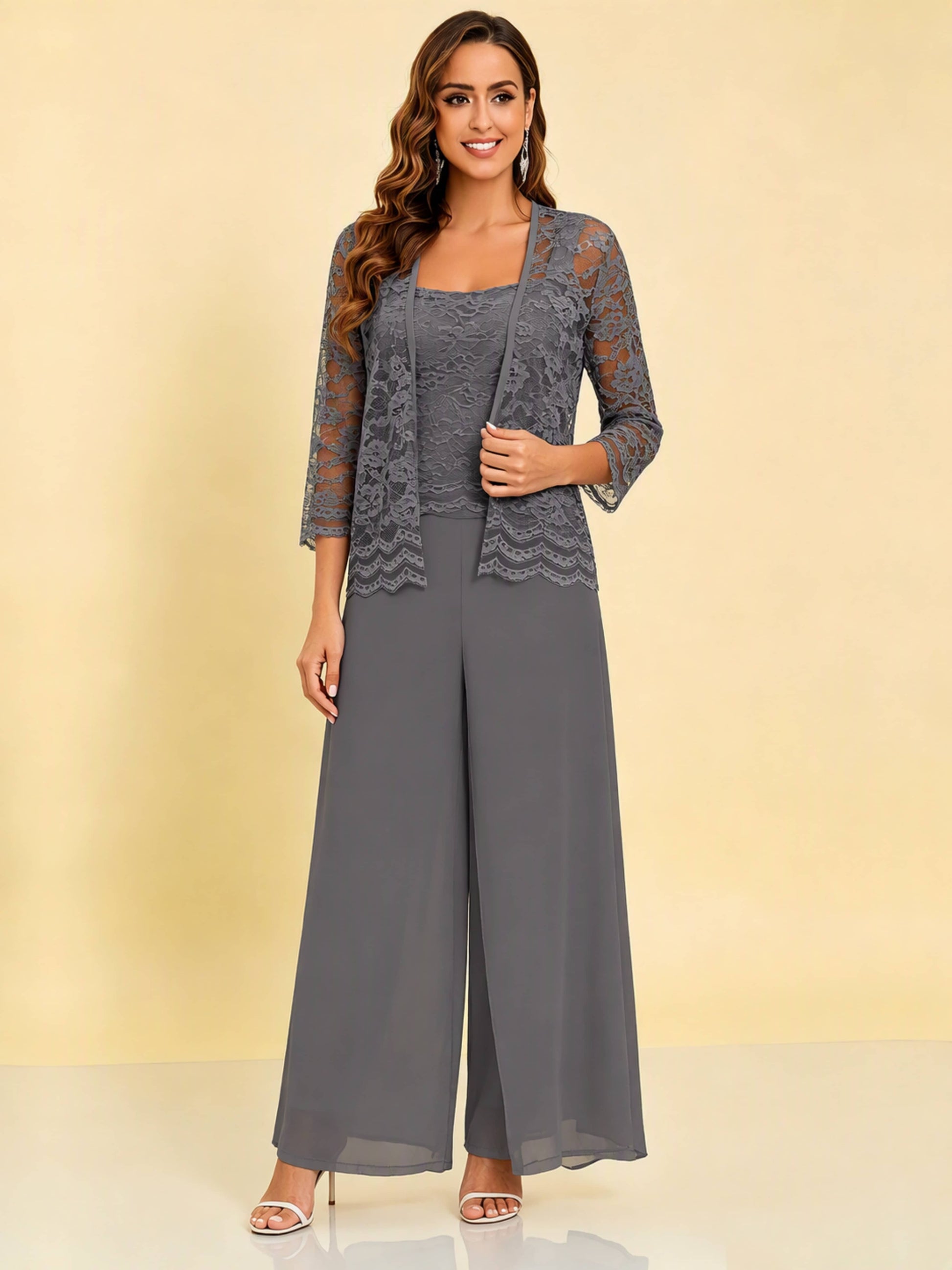 Chiffon Lace Flowy 3 Pieces Mother of The Bride Pant Suits Women Wedding