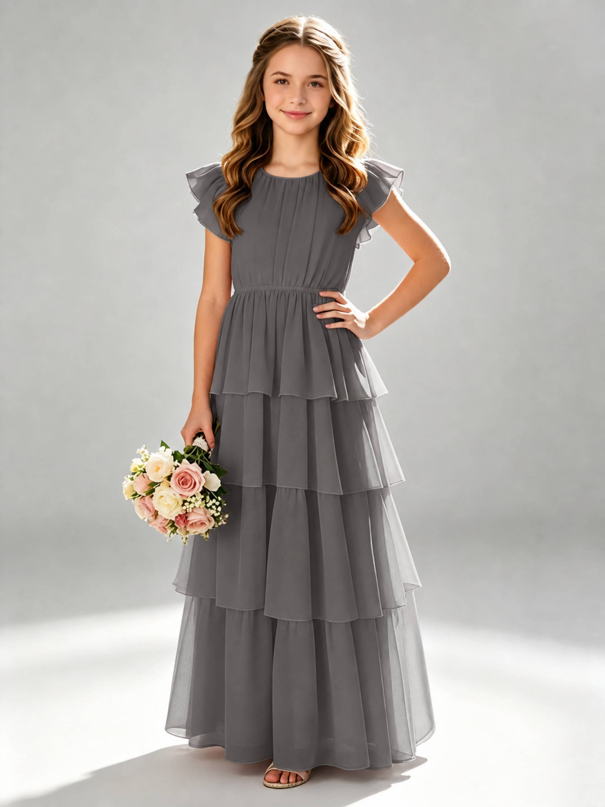 Chiffon Tiered Pleated Long Junior Bridesmaid Dresses