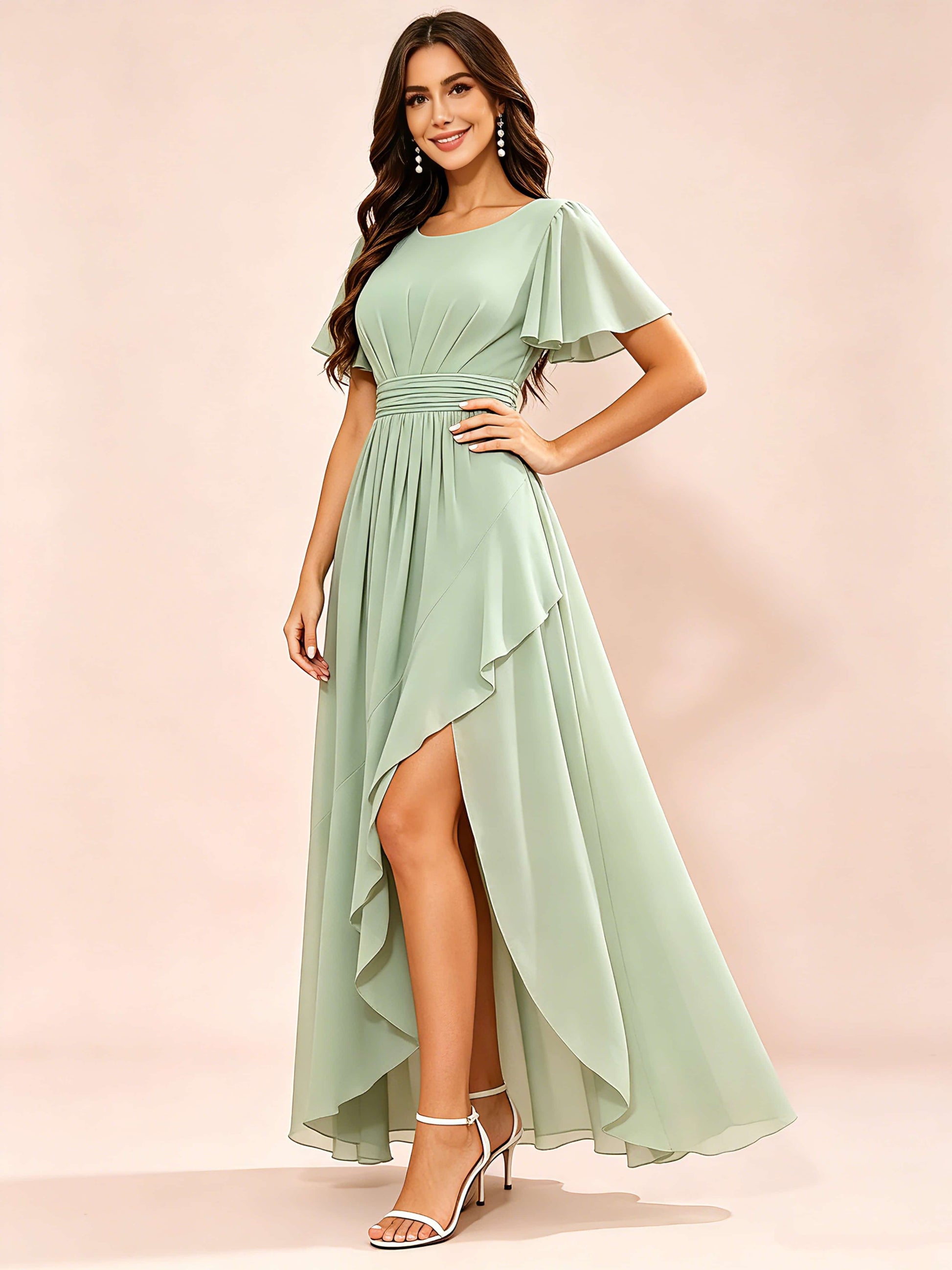 Chiffon High Low Round Neck Bridesmaid / Wedding Guest Dresses
