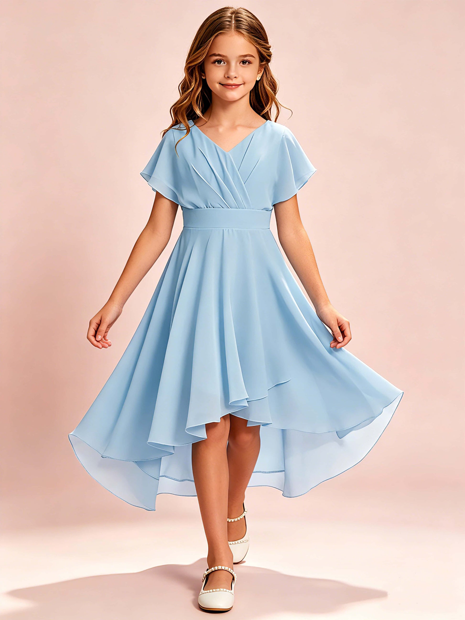 Chiffon High Low Cap Sleeve Junior Bridesmaid Dress for Wedding