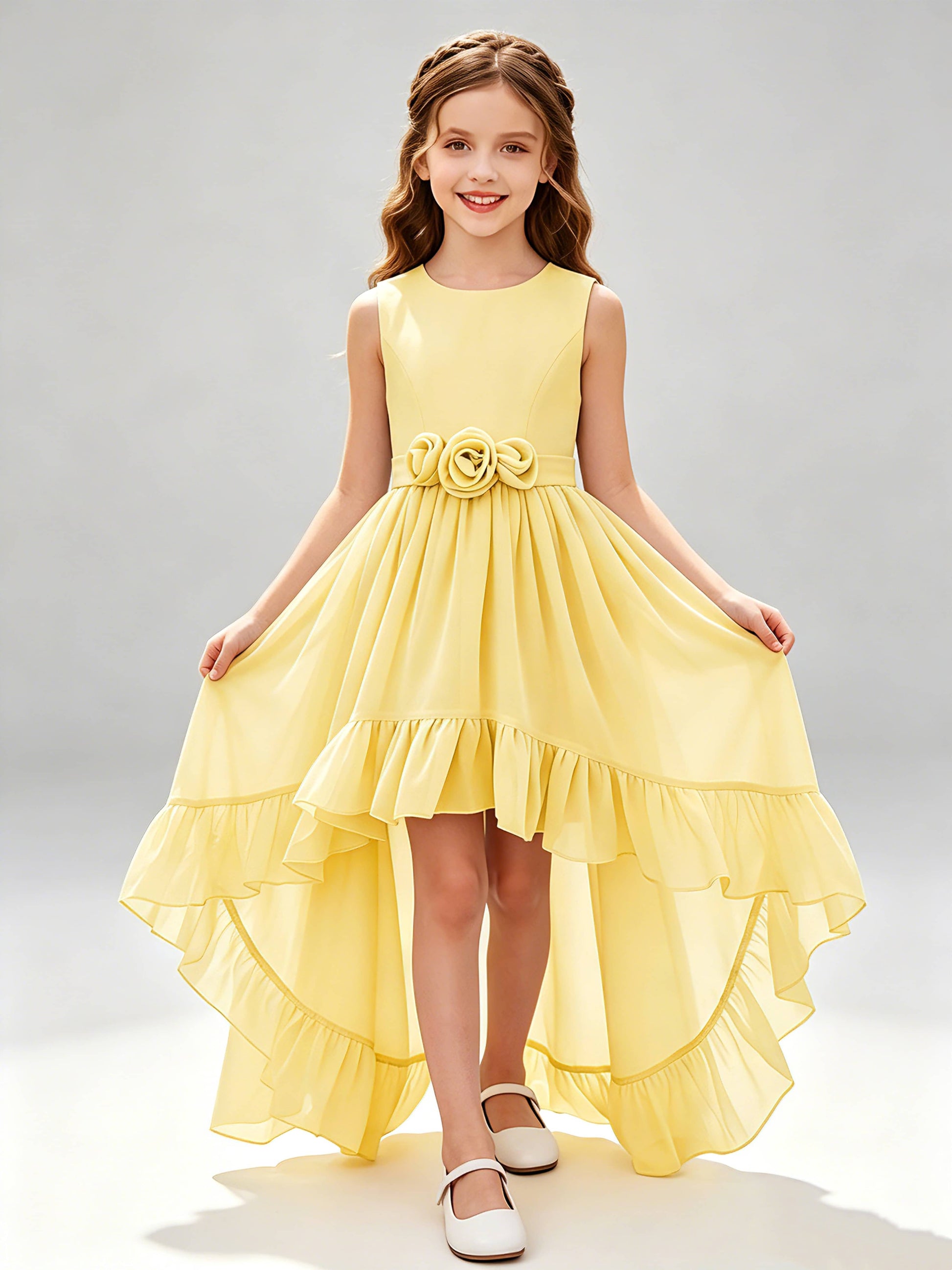 Chiffon 3D Flower High Low Junior Bridesmaid Dresses