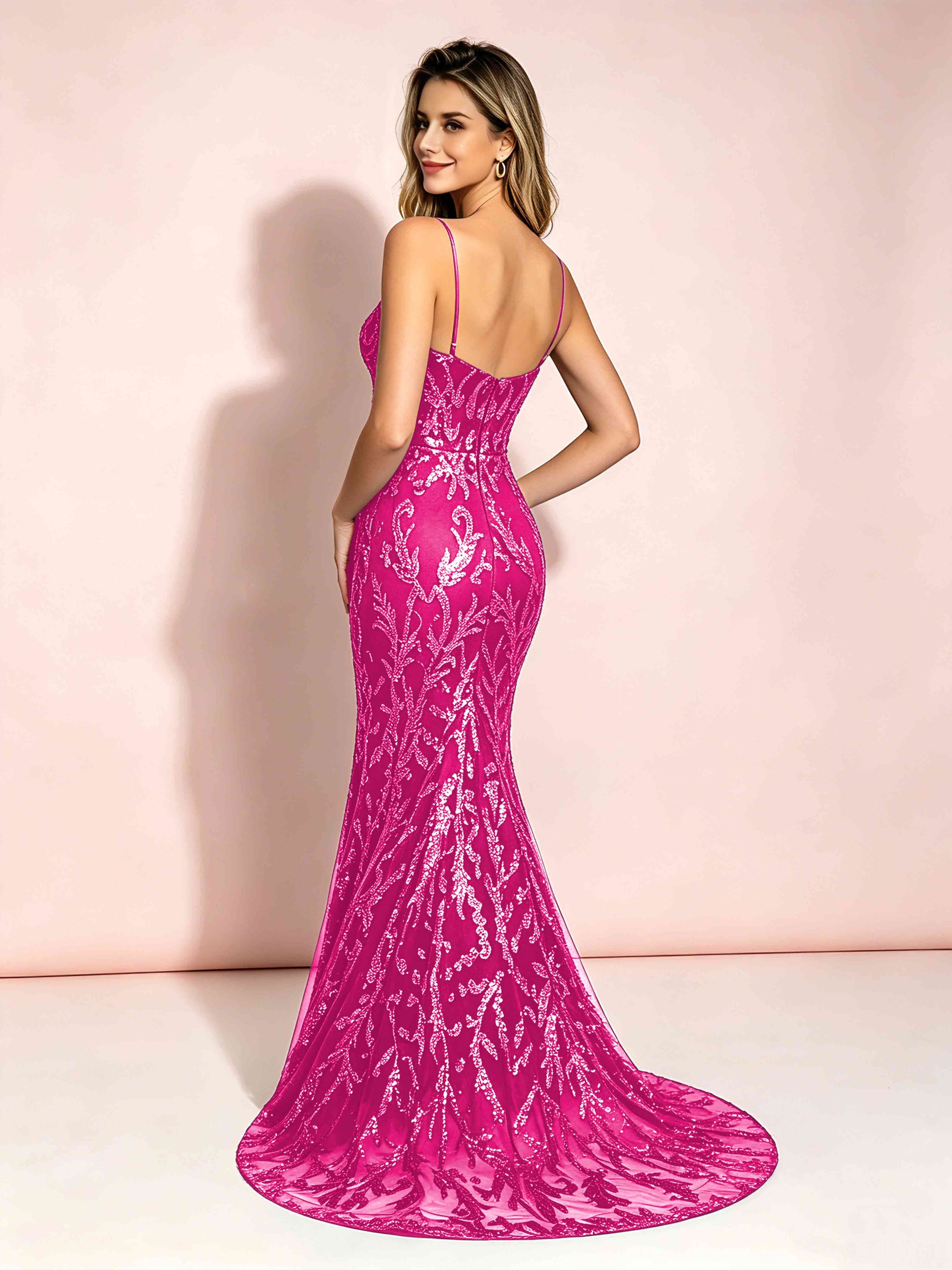 Mermaid V-Neck Sweep Train Sequin Sparkly Prom Dresses with Slit