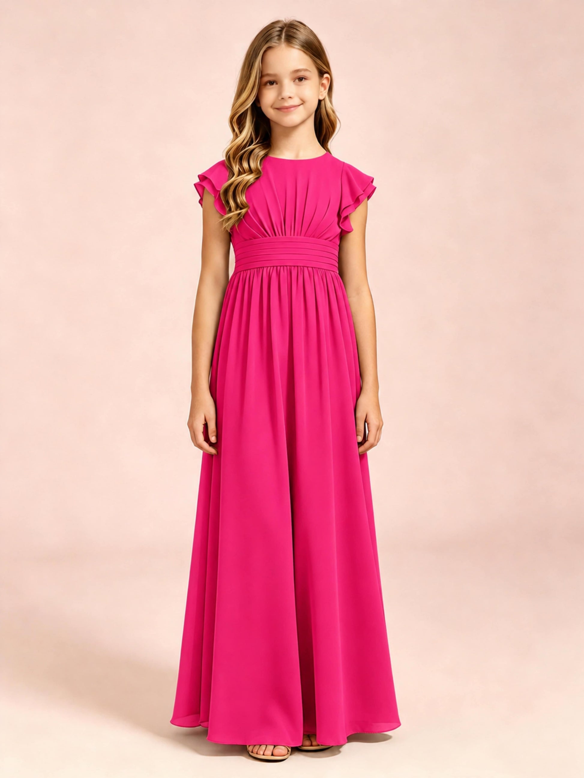 Chiffon Ruffle Cap Sleeve Junior Bridesmaid Dress for Wedding