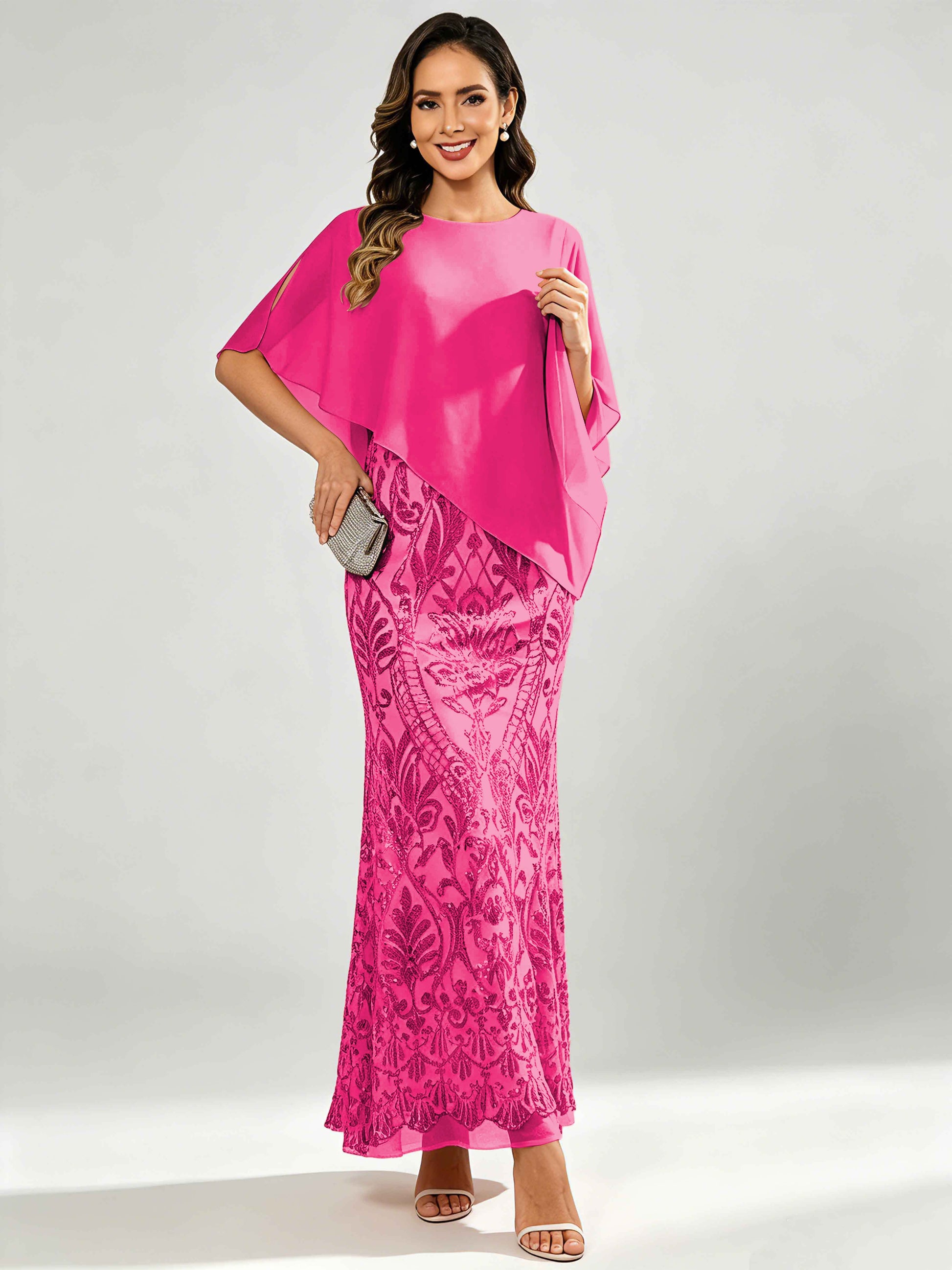 Mermaid Sequin Mother of The Bride Dress with Chiffon Cape