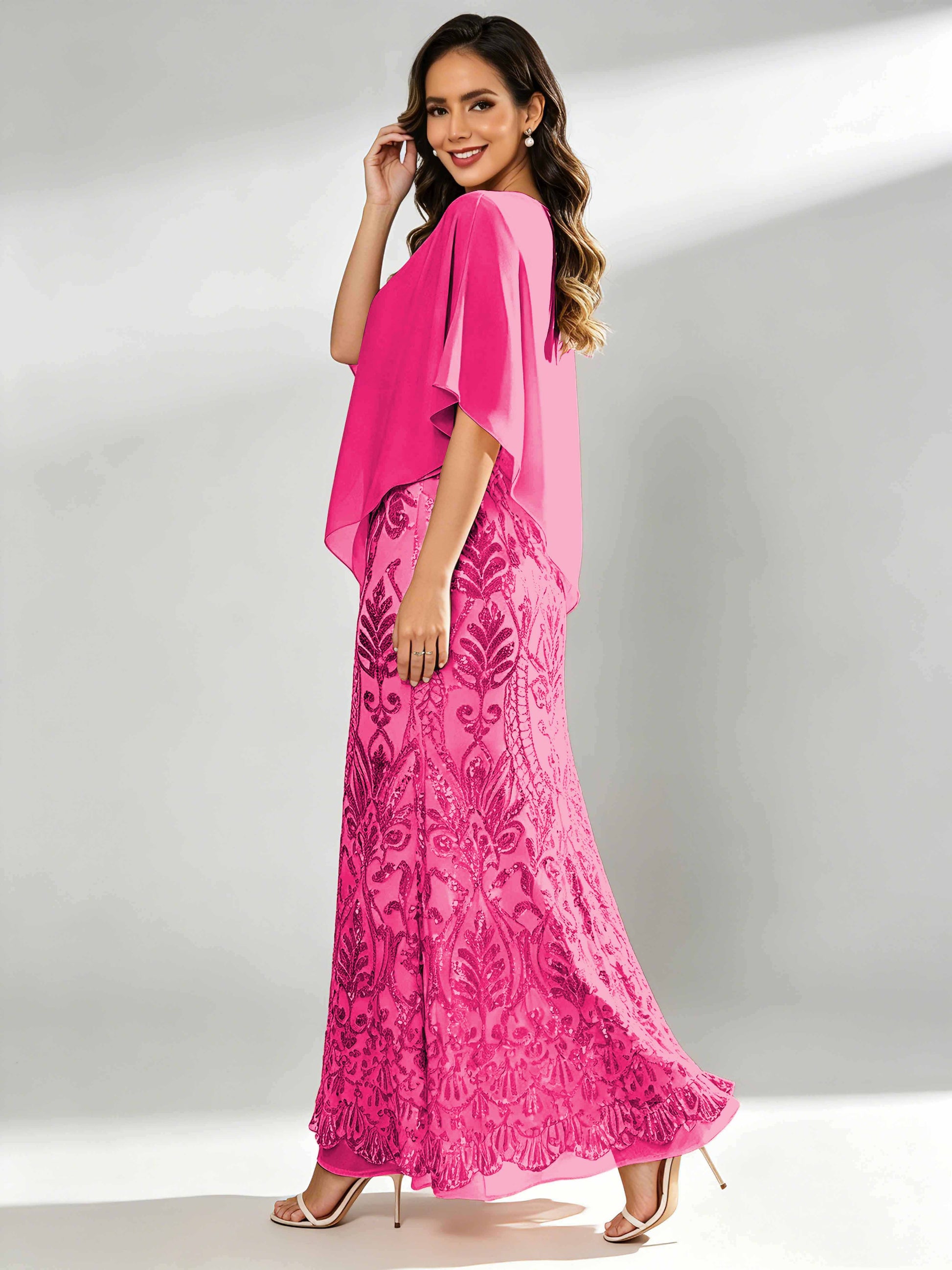 Mermaid Sequin Mother of The Bride Dress with Chiffon Cape