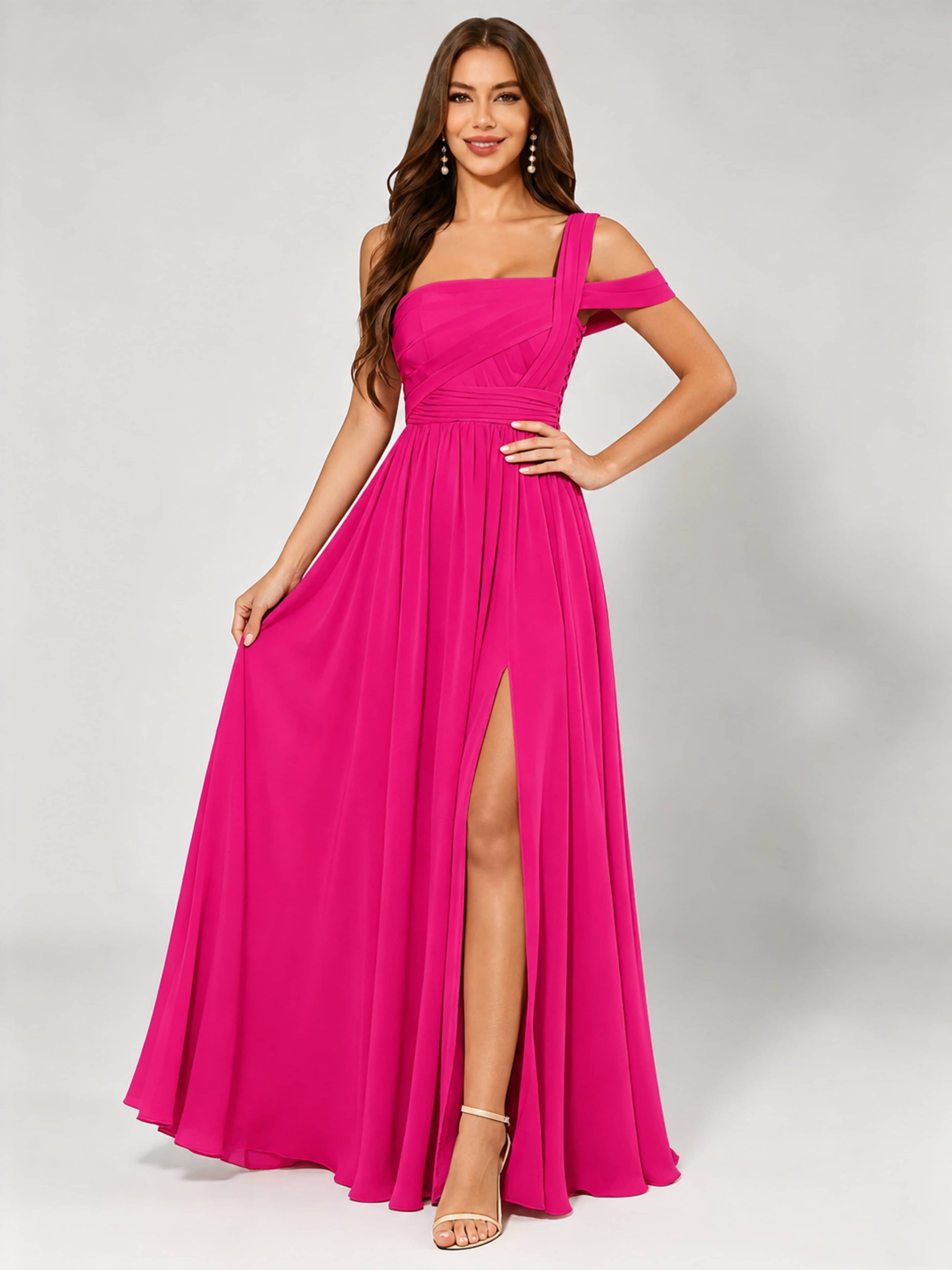 One Shoulder Chiffon Pleated Bridesmaid Dresses for Wedding