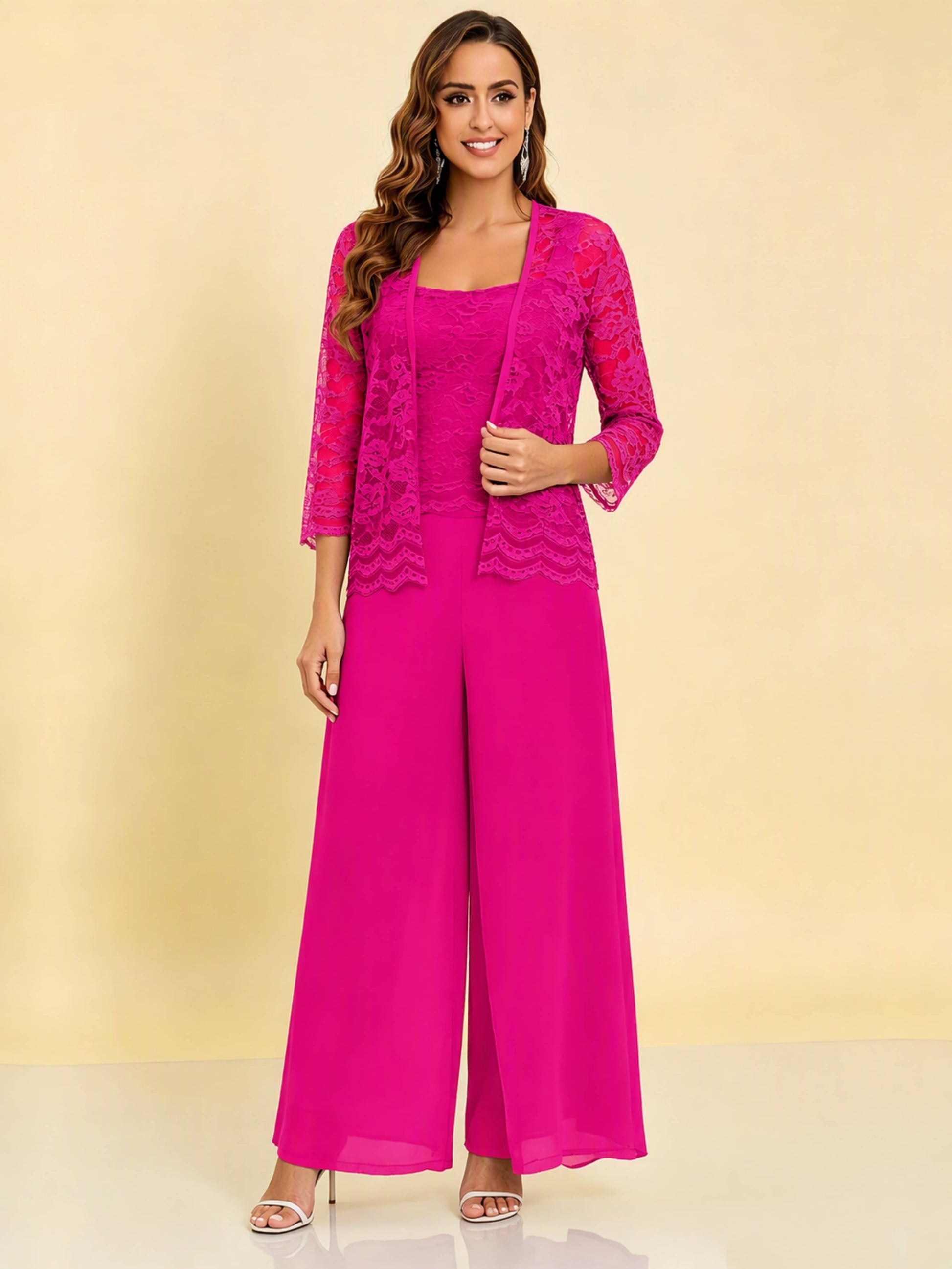 Chiffon Lace Flowy 3 Pieces Mother of The Bride Pant Suits Women Wedding