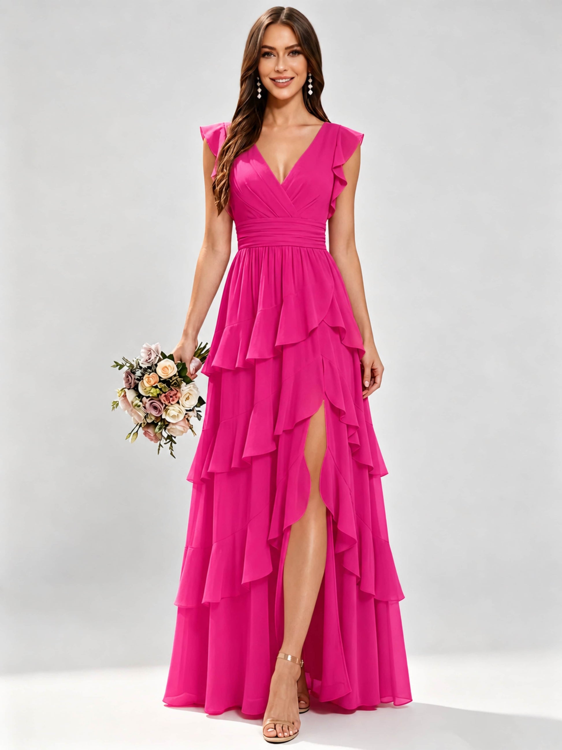 Ruffle Sleeve Tiered Chiffon Bridesmaid Dresses for Wedding with Slit