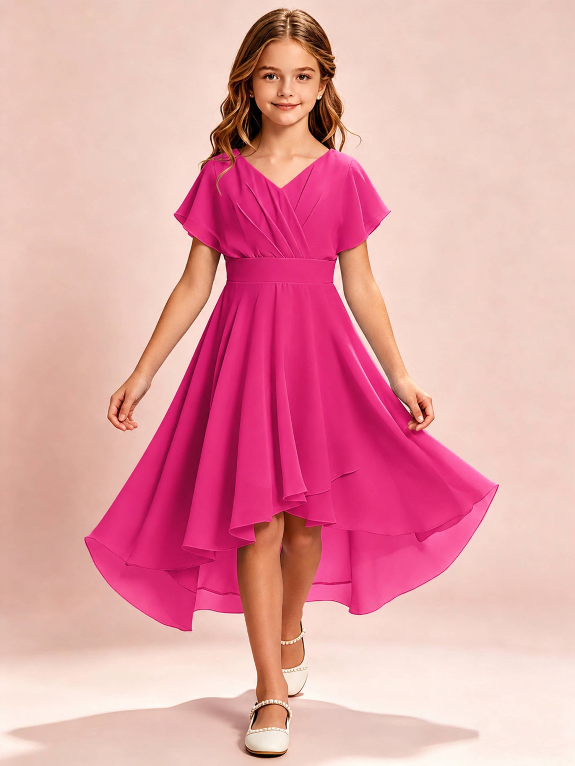 Chiffon High Low Cap Sleeve Junior Bridesmaid Dress for Wedding