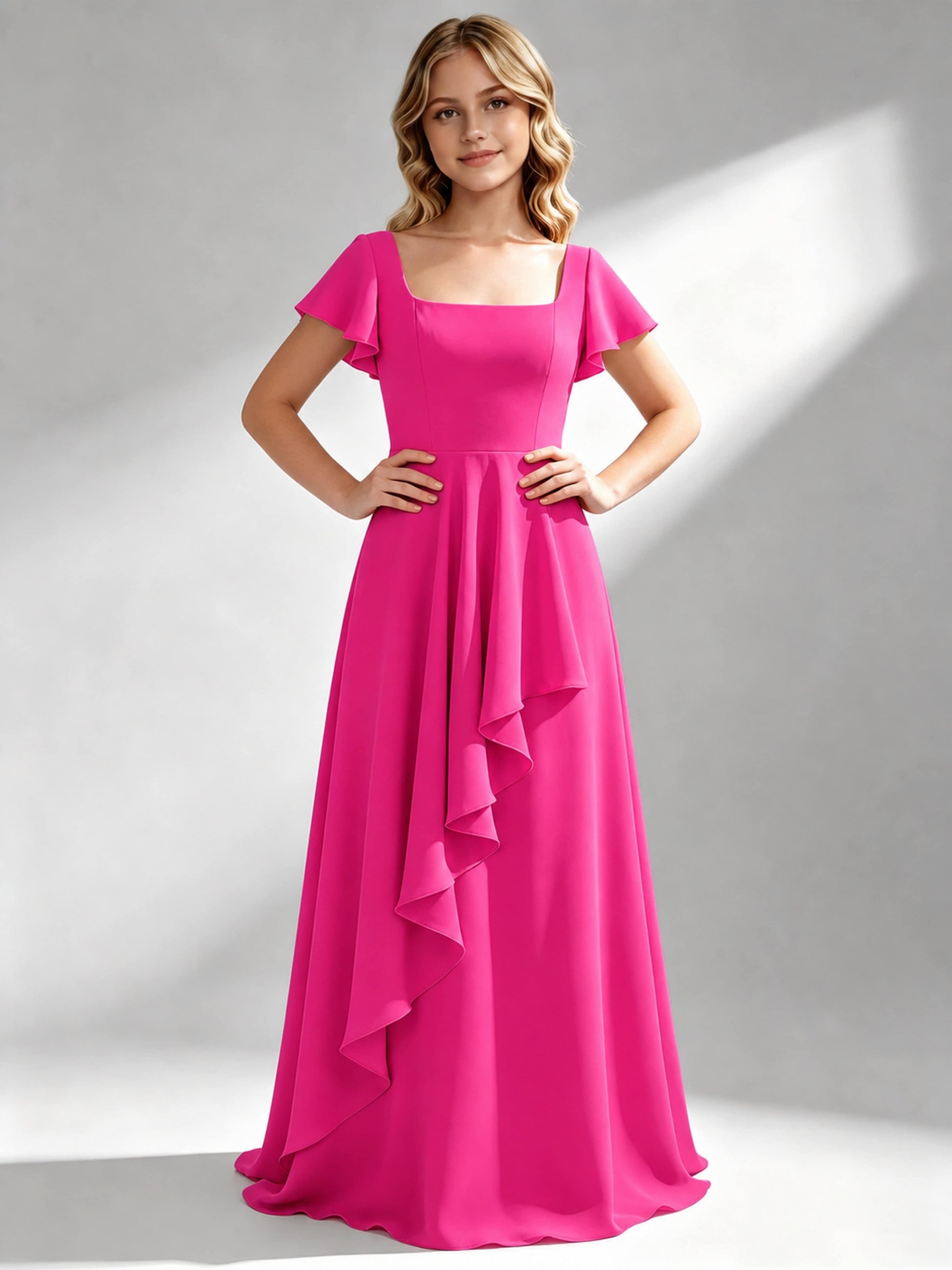 A-Line Square Neck Ruffle Junior Bridesmaid Dresses