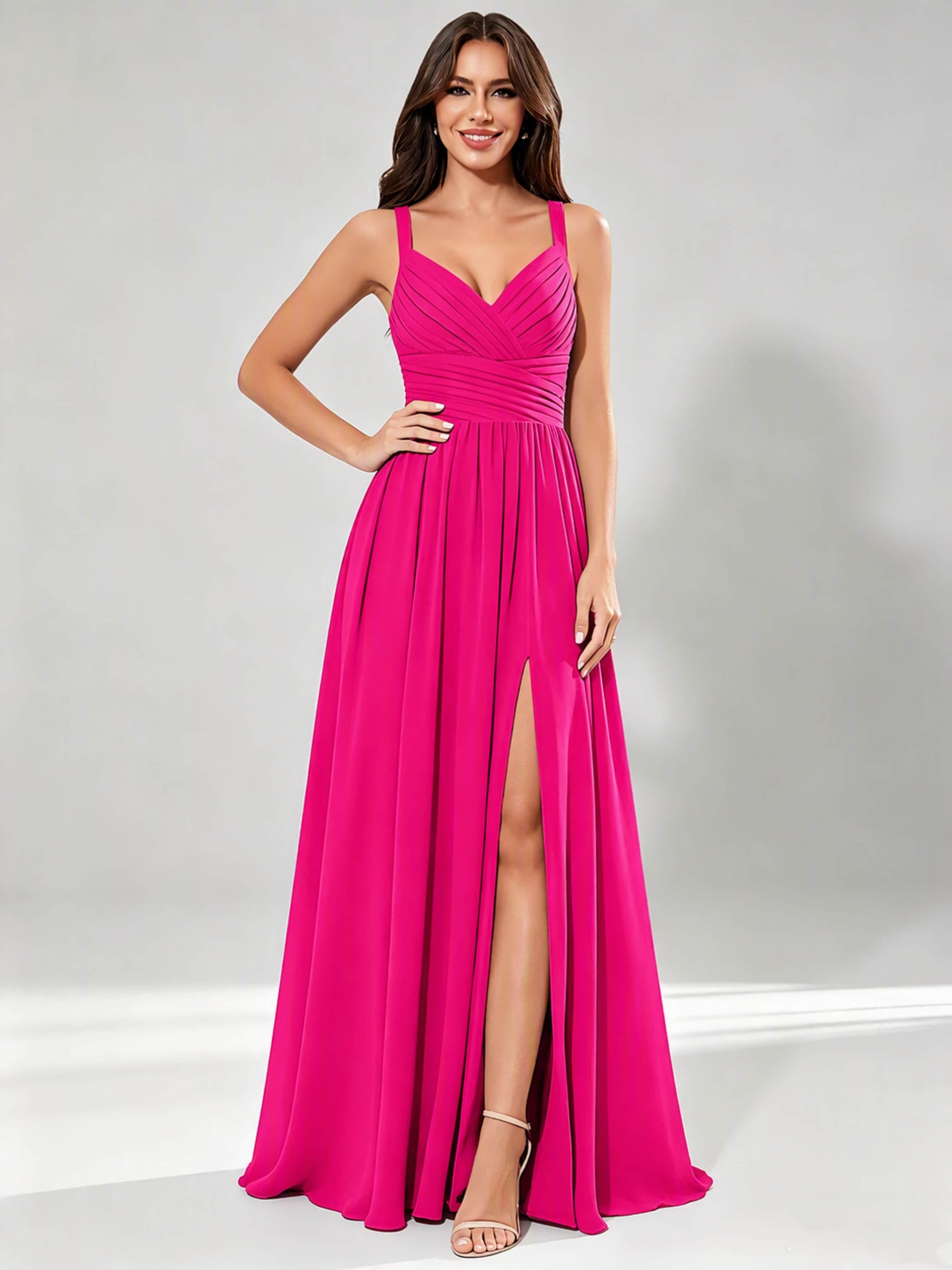 Spaghetti Straps Chiffon Ruched Bust Pleated Bridesmaid Dress for Wedding