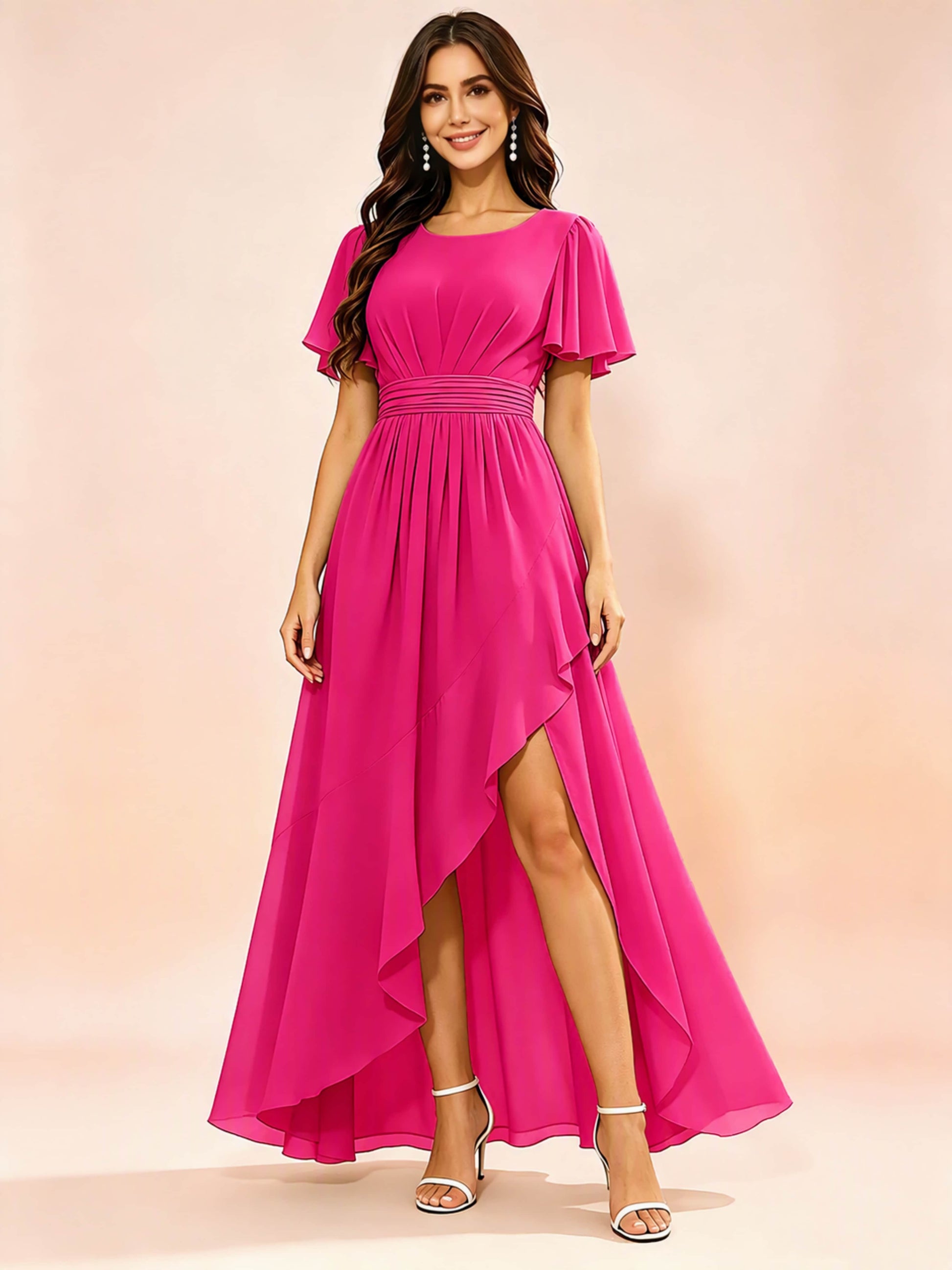 Chiffon High Low Round Neck Bridesmaid / Wedding Guest Dresses