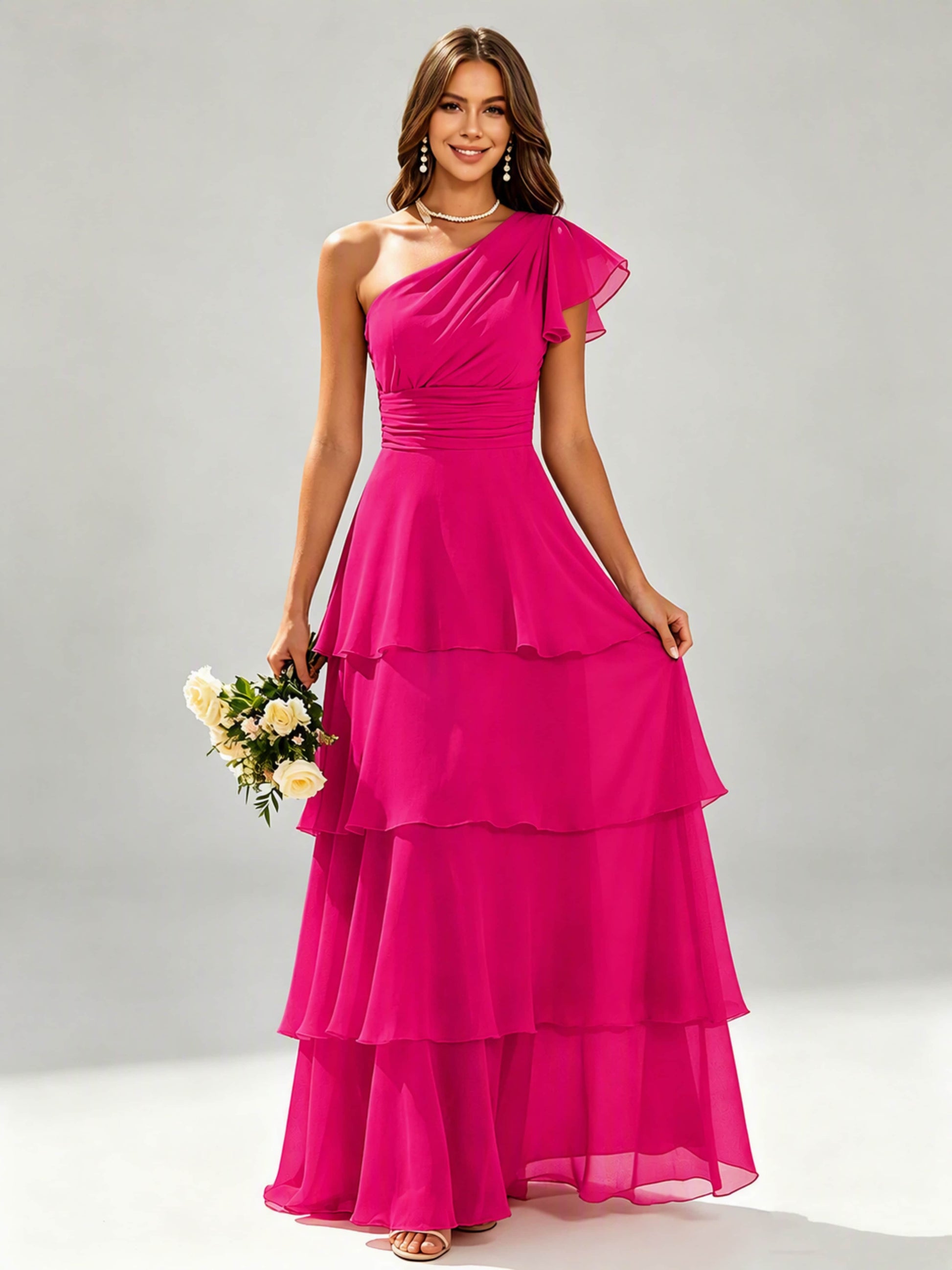 One Shoulder Ruffle Tiered Chiffon Bridesmaid Dress for Wedding