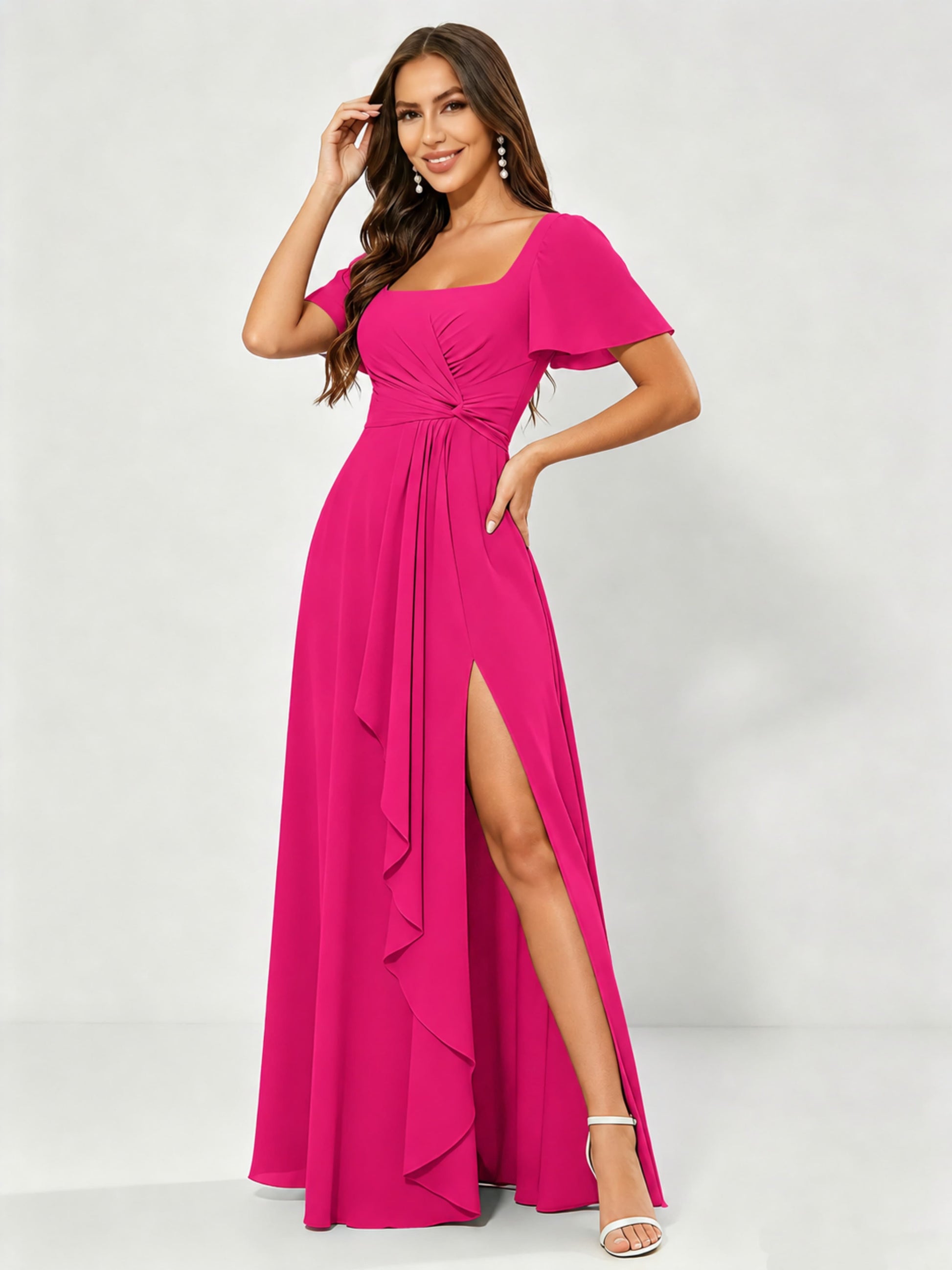 Square Neck Chiffon Ruffle Bridesmaid Dress with Slit