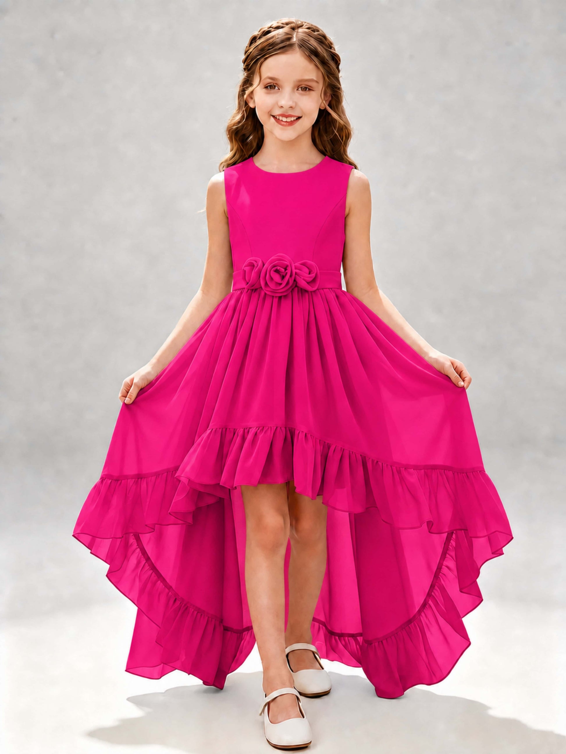 Chiffon 3D Flower High Low Junior Bridesmaid Dresses