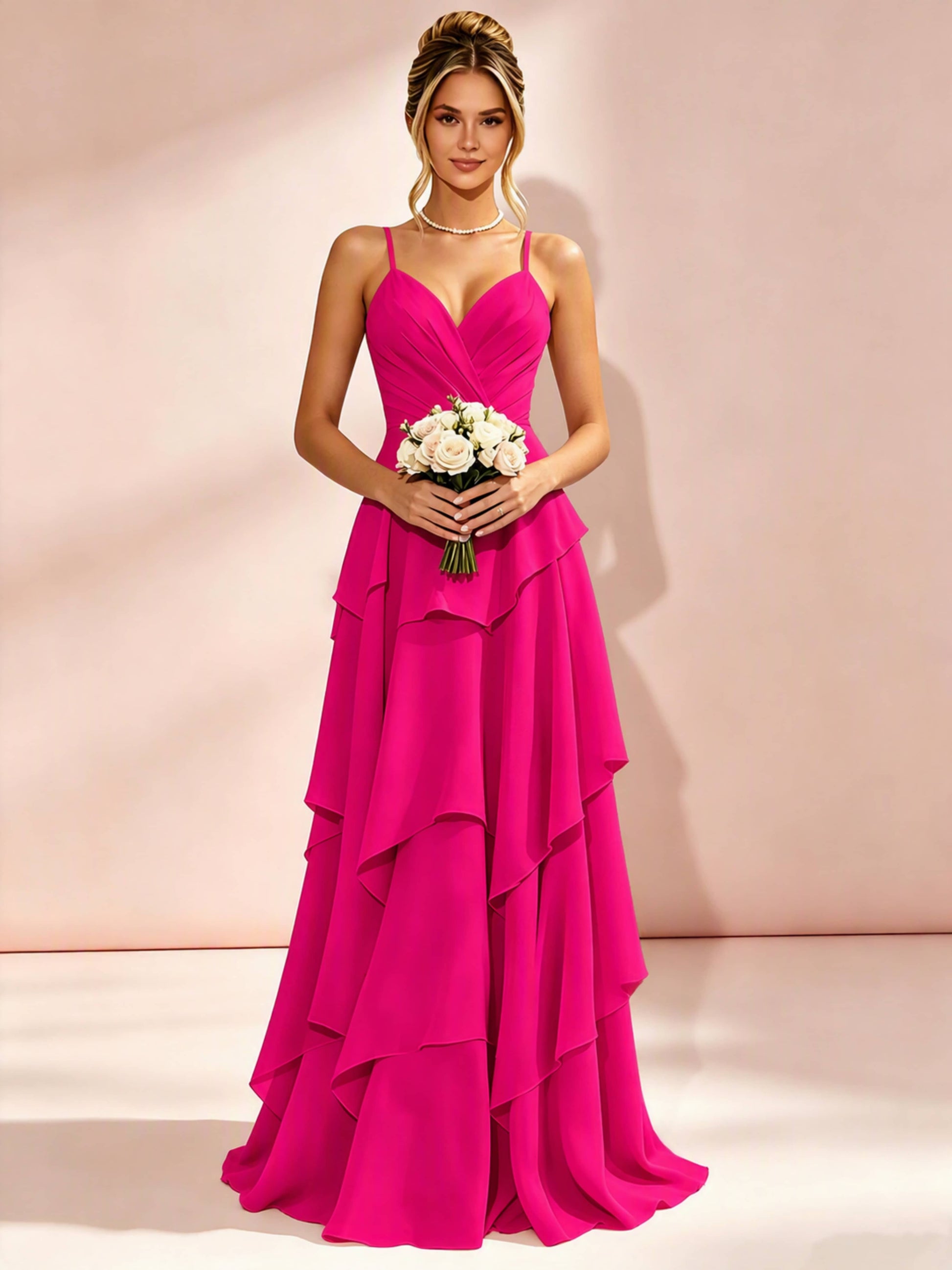 Spaghetti Straps Ruffle Tiered Chiffon Bridesmaid Dress for Wedding