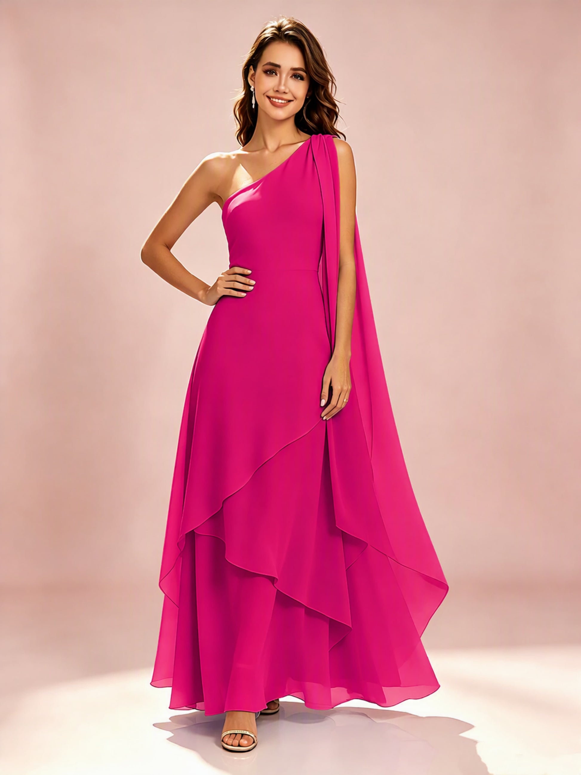 One Shoulder Chiffon Tiered Layered Bridesmaid Dresses for Wedding