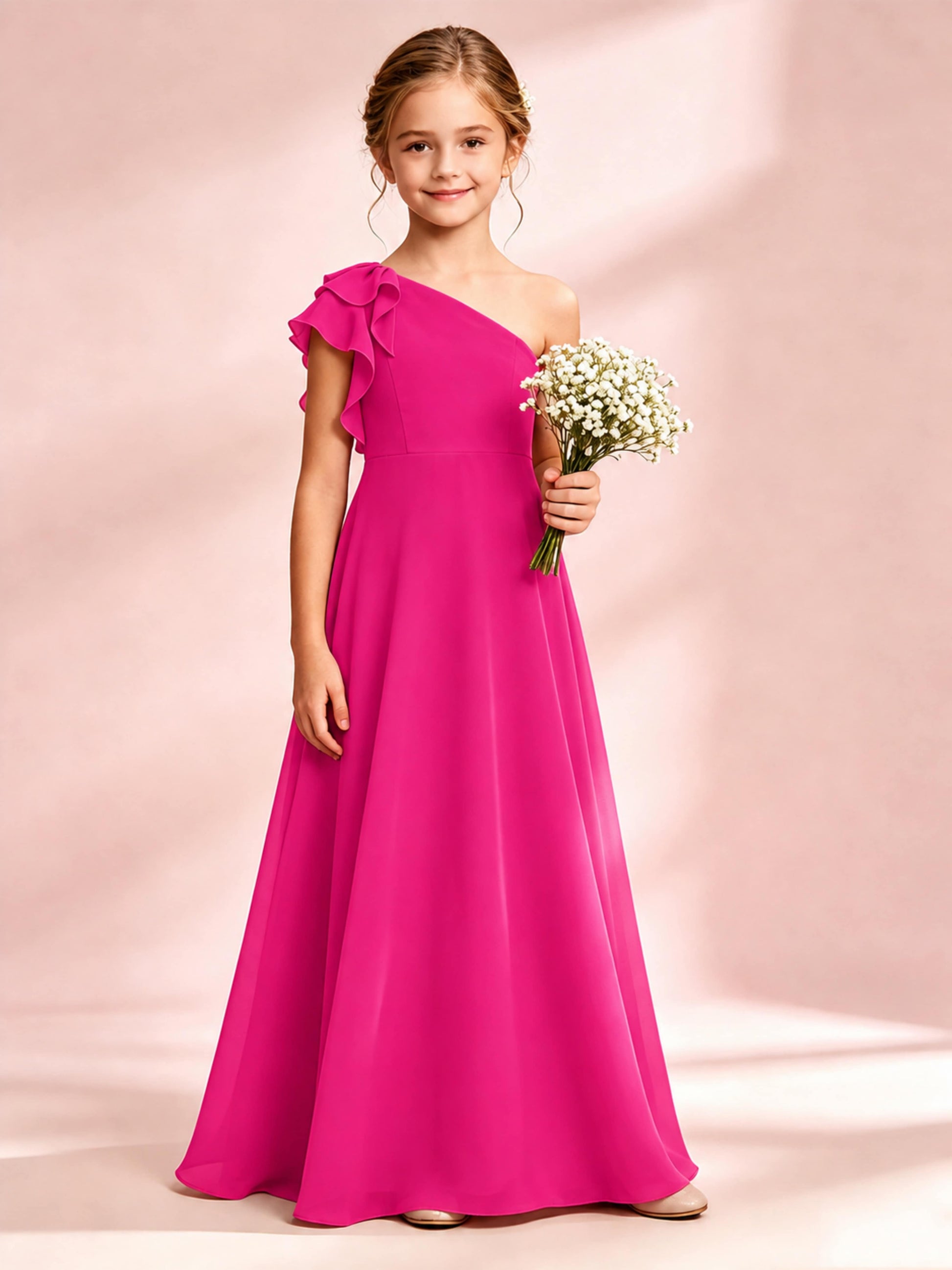 Chiffon Junior Bridesmaid Dress for Wedding One Shoulder Flower Girl Dresses