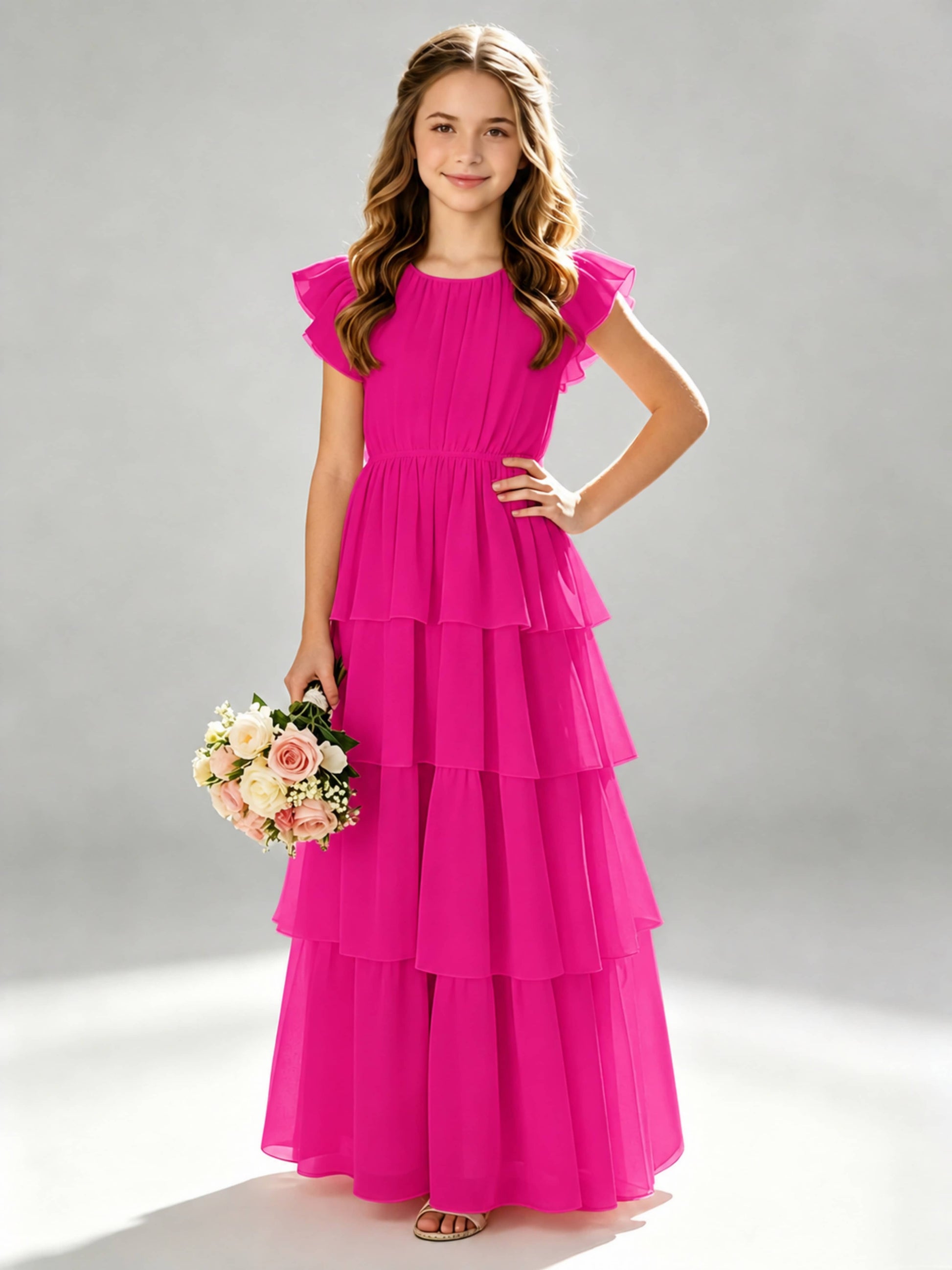 Chiffon Tiered Pleated Long Junior Bridesmaid Dresses