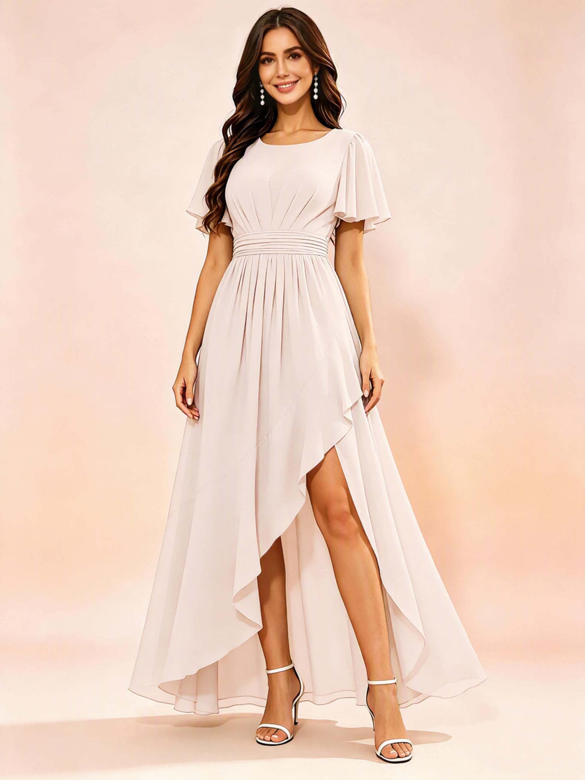 Chiffon High Low Round Neck Bridesmaid / Wedding Guest Dresses