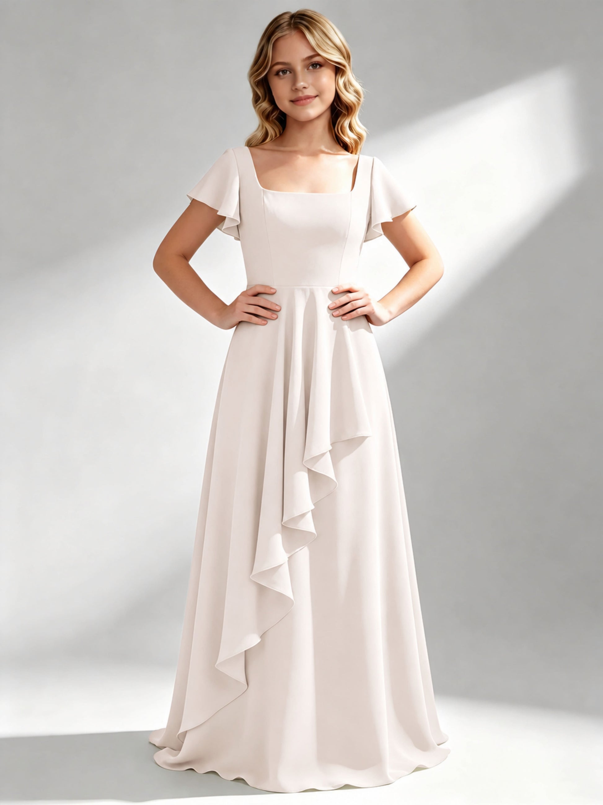 A-Line Square Neck Ruffle Junior Bridesmaid Dresses
