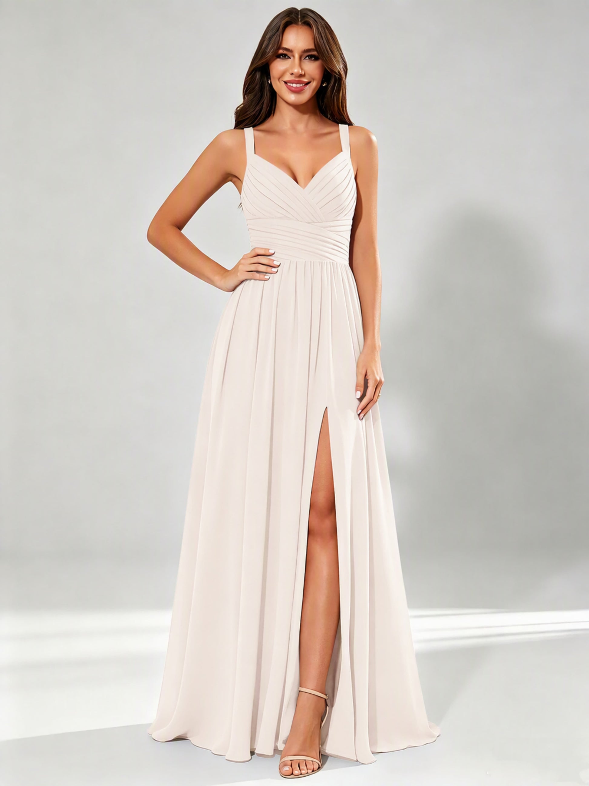 Spaghetti Straps Chiffon Ruched Bust Pleated Bridesmaid Dress for Wedding
