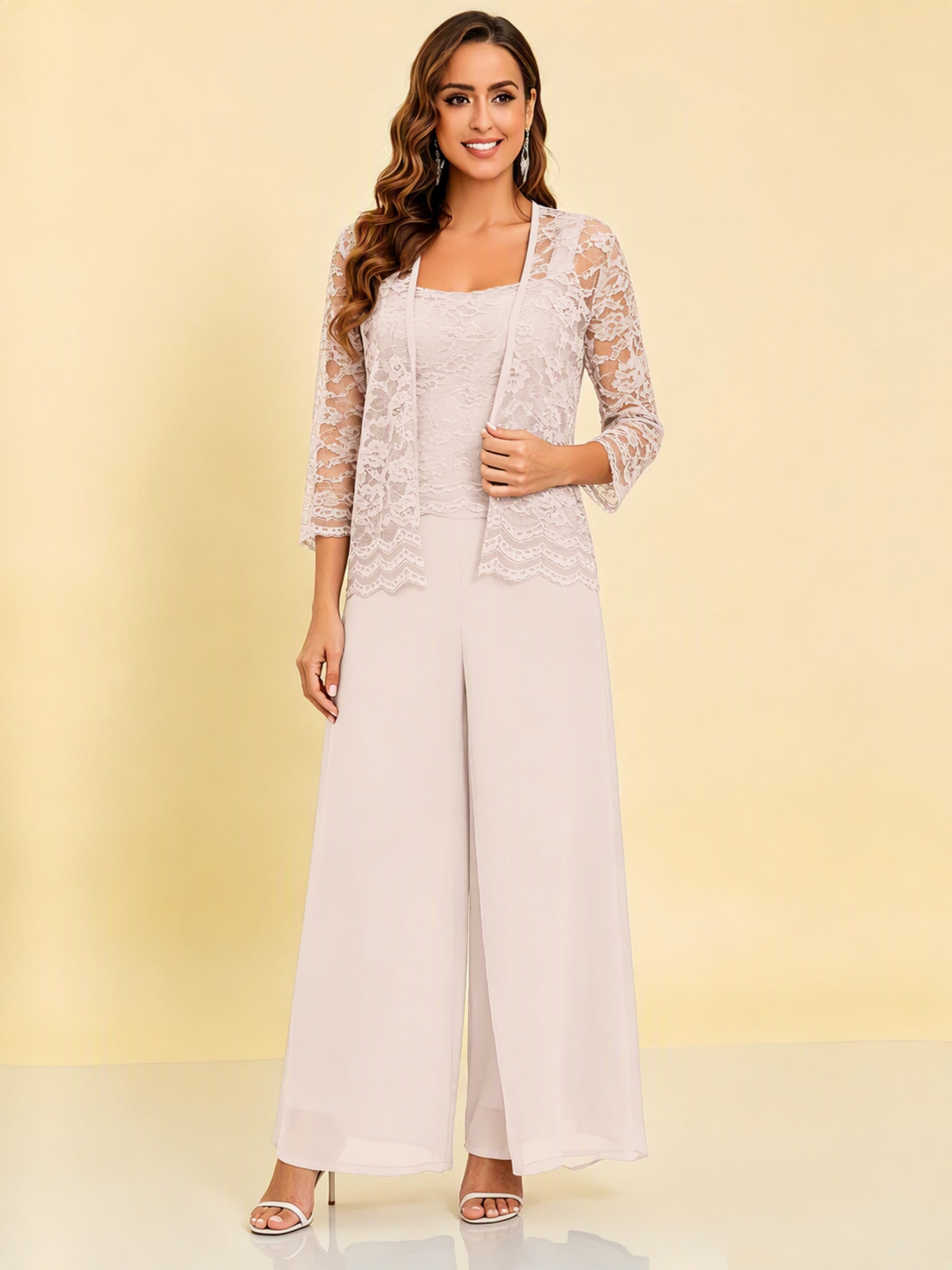 Chiffon Lace Flowy 3 Pieces Mother of The Bride Pant Suits Women Wedding