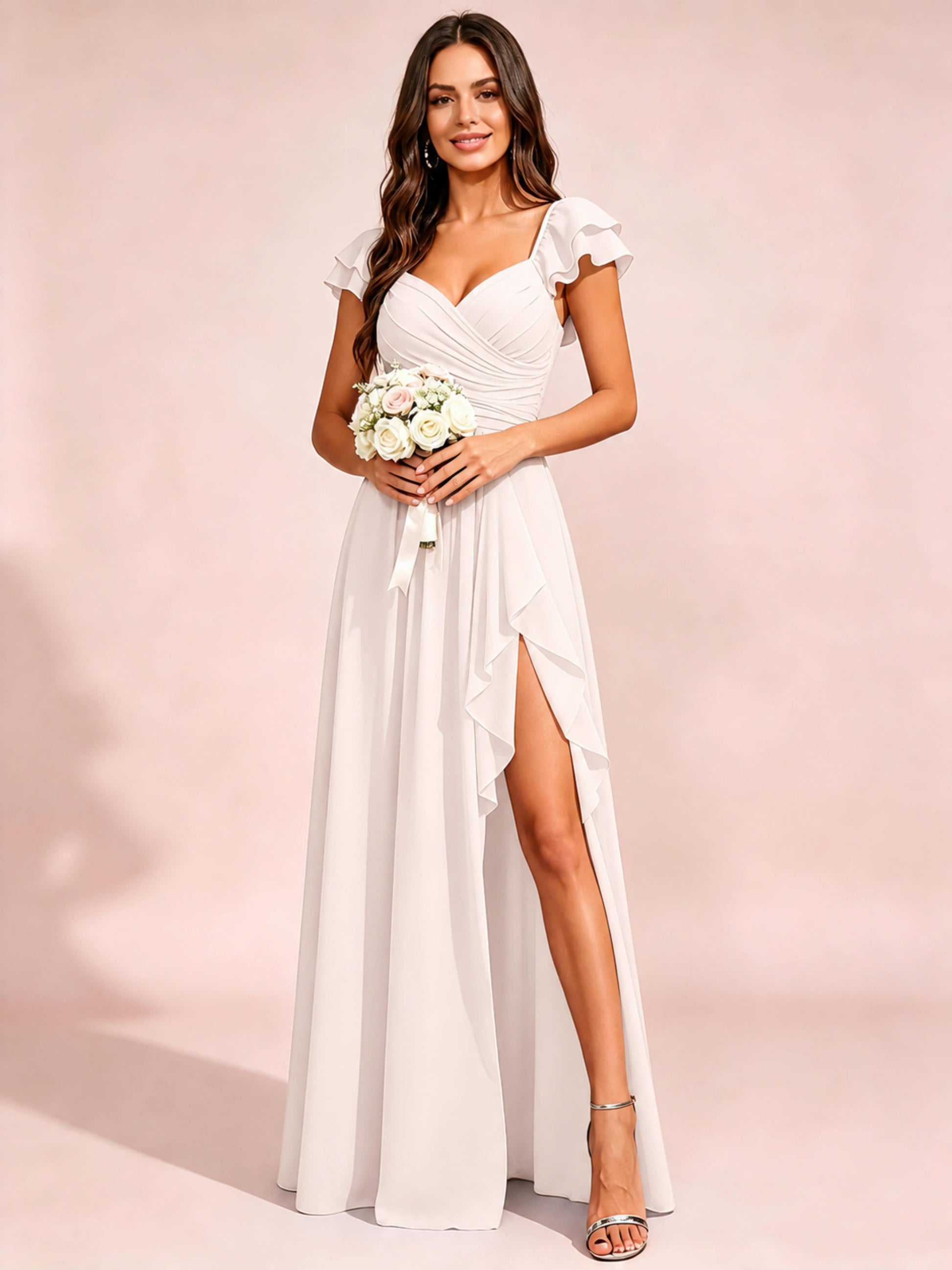 Chiffon Sweetheart Neck Ruched Bust Bridesmaid Dresses with Ruffle Slit