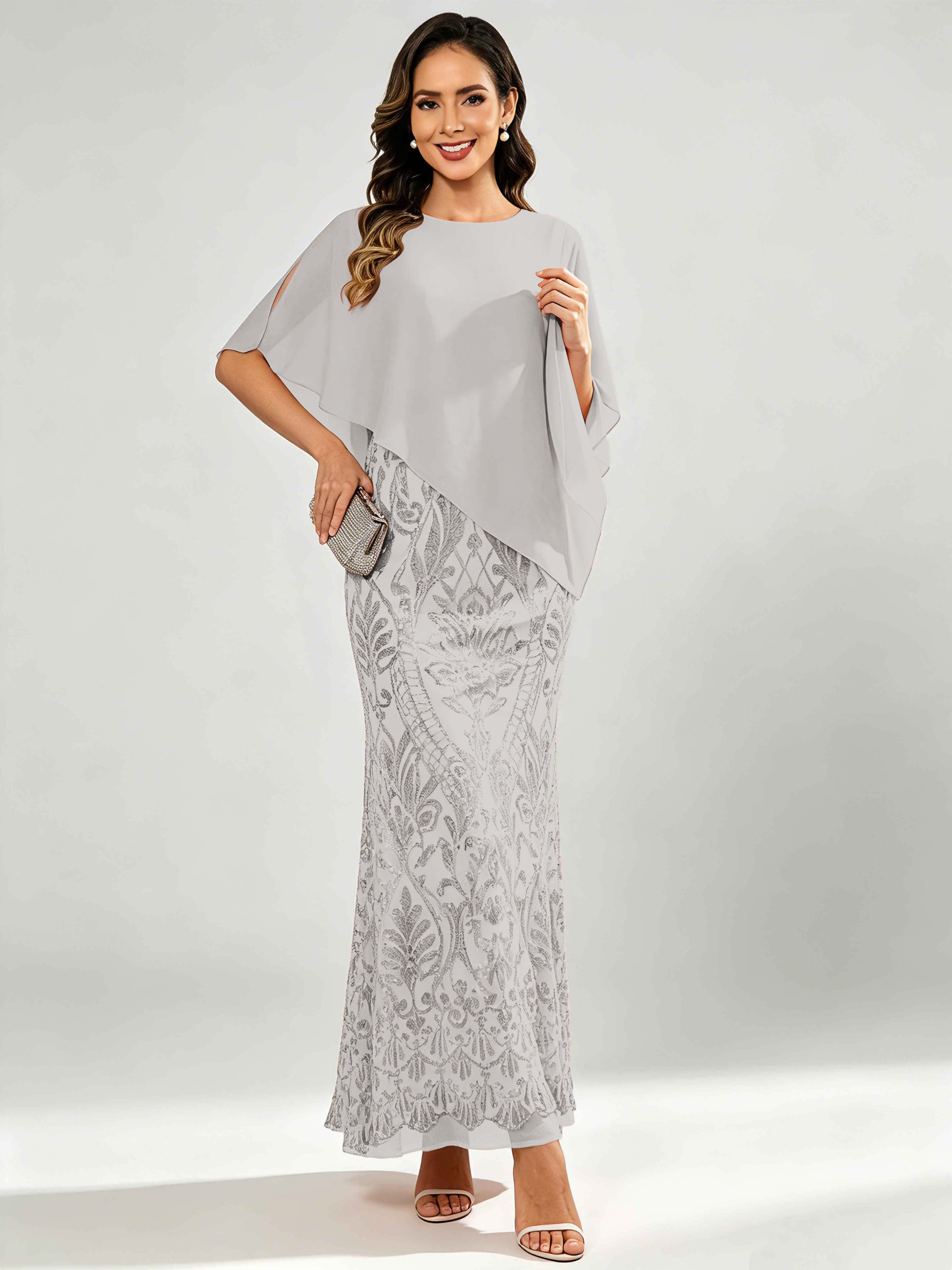 Mermaid Sequin Mother of The Bride Dress with Chiffon Cape