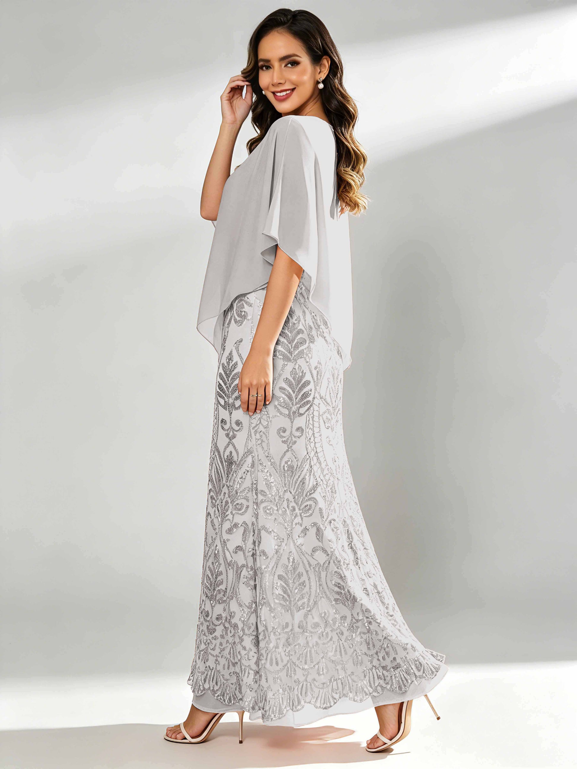 Mermaid Sequin Mother of The Bride Dress with Chiffon Cape