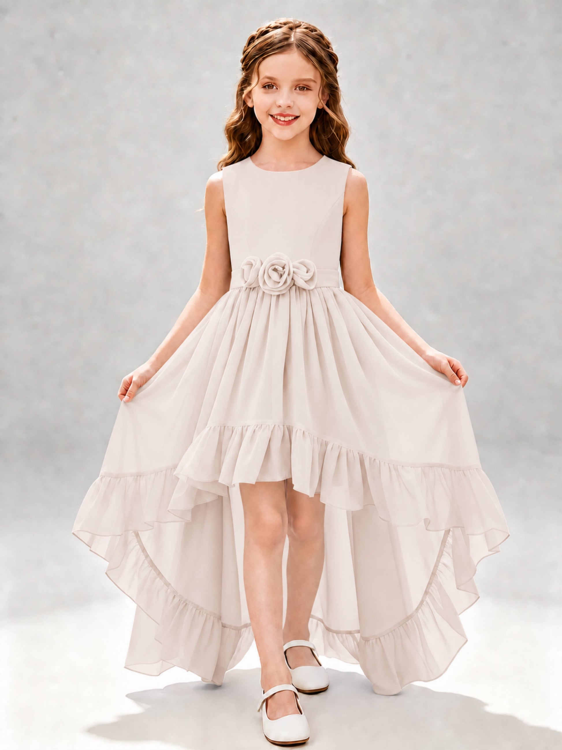 Chiffon 3D Flower High Low Junior Bridesmaid Dresses