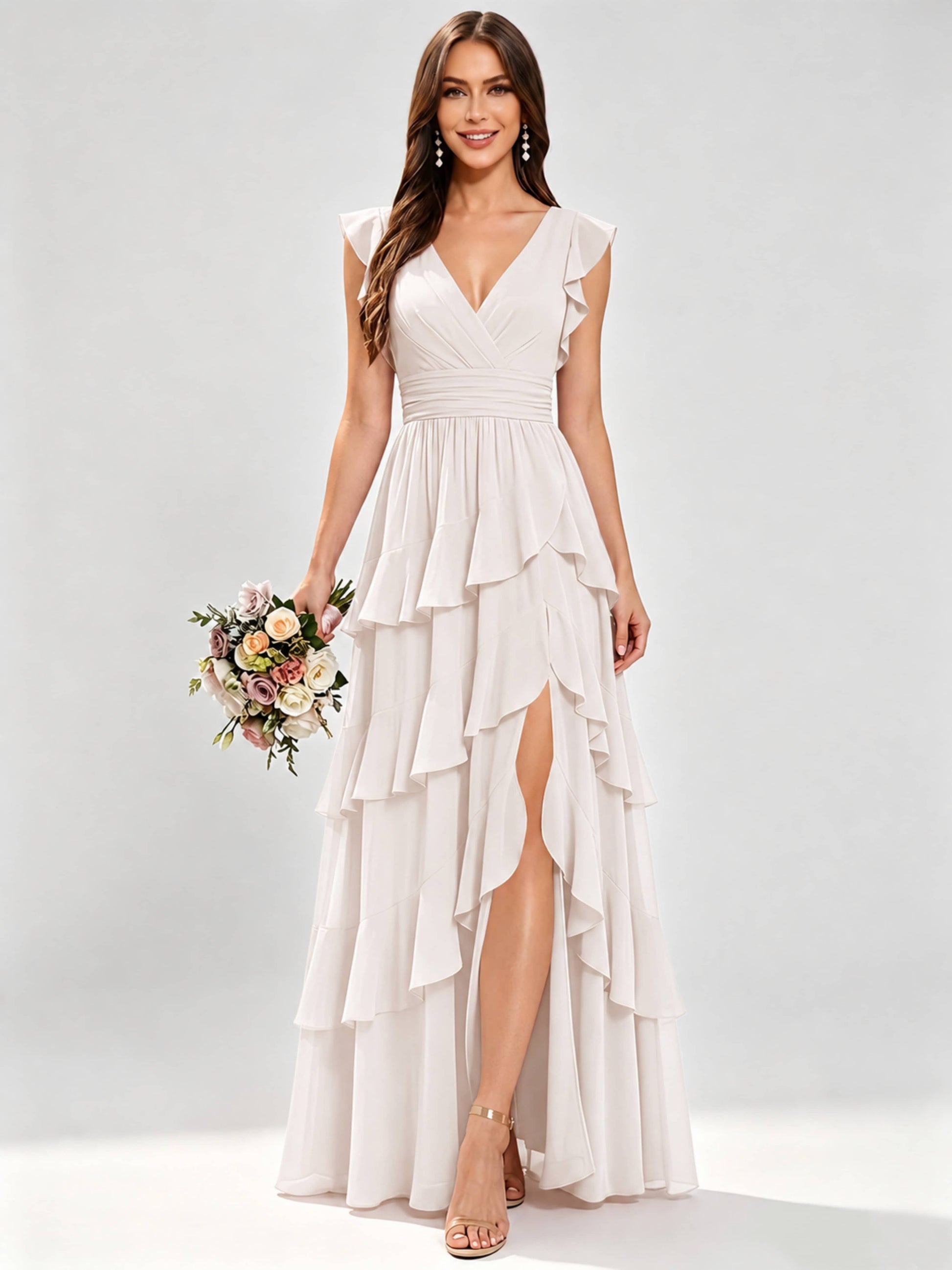 Ruffle Sleeve Tiered Chiffon Bridesmaid Dresses for Wedding with Slit
