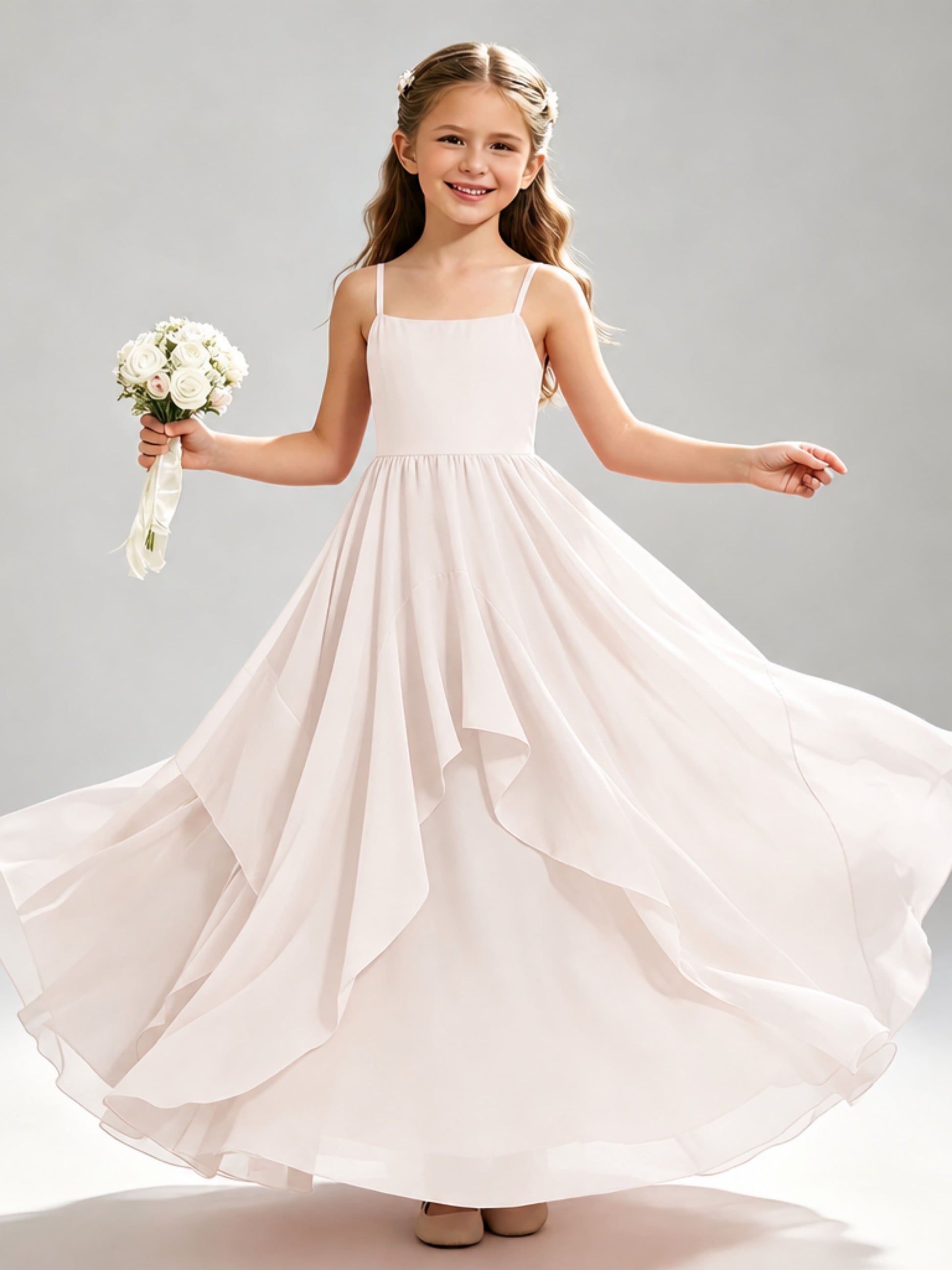 A-Line Spaghetti Straps Ruffle Junior Bridesmaid Dresses